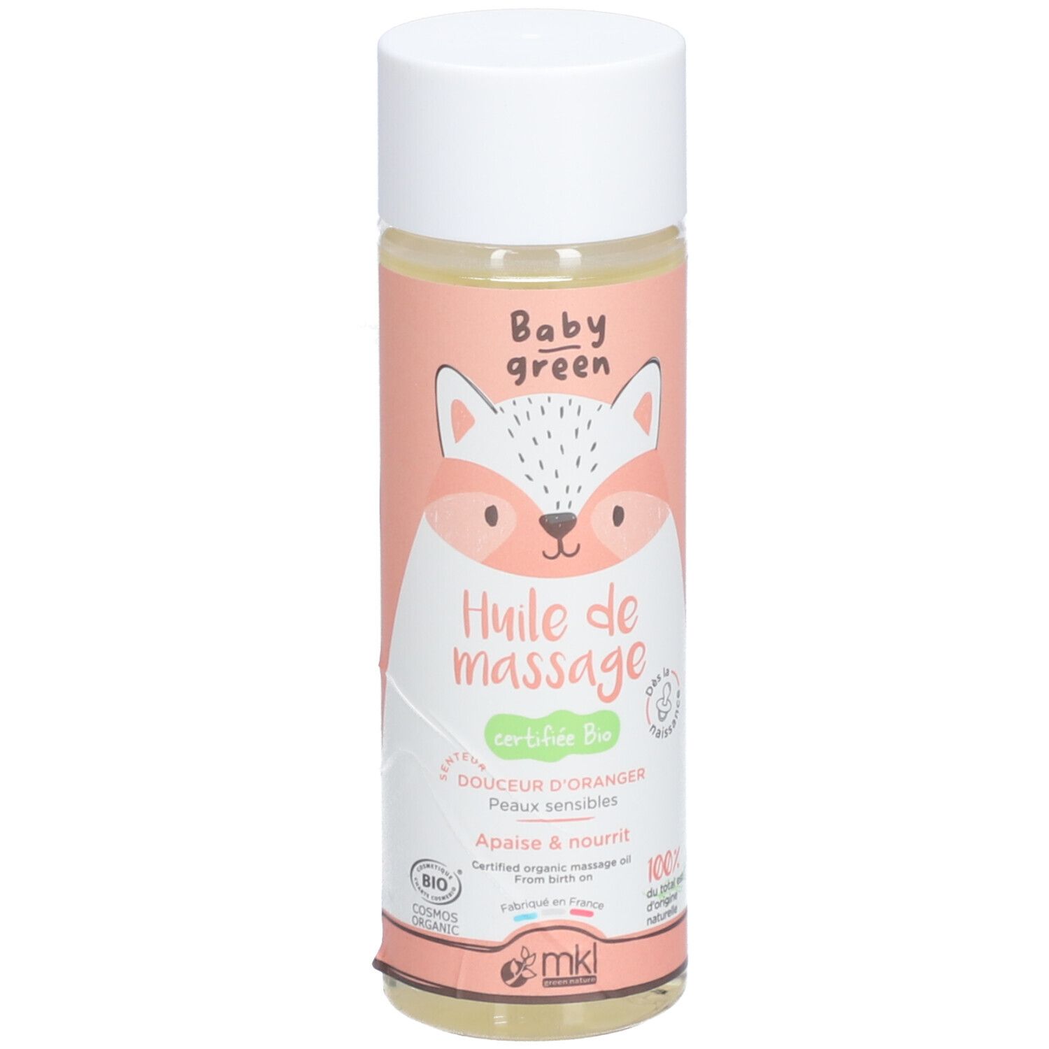 Flacon d'huile de massage Baby Green. Étiquette rose avec illustration de renard et texte: Huile de massage, Douceur d'Oranger. Certifications.