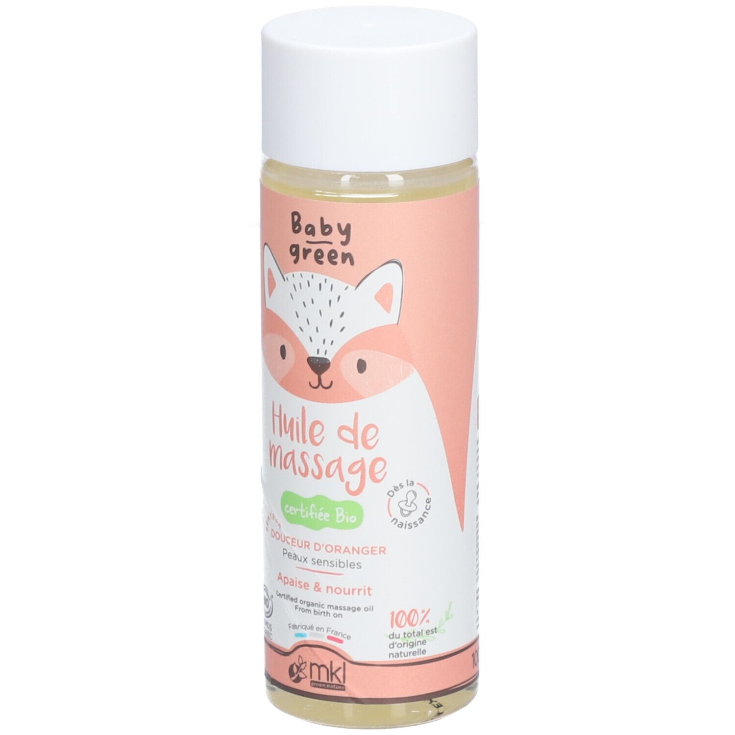 Flacon d'huile de massage Baby Green. Étiquette rose avec illustration de renard et texte: Huile de massage, Douceur d'Oranger. Pour peaux sensibles.
