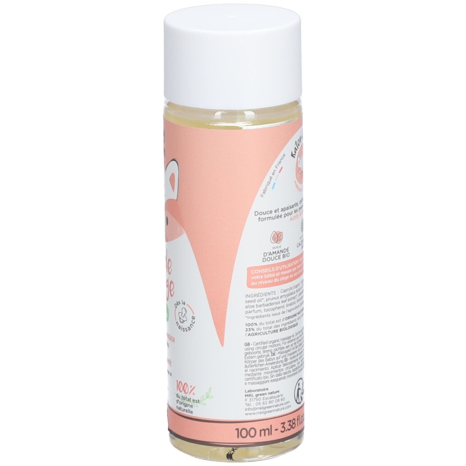 Dos du flacon d'huile de massage Baby Green. Étiquette rose avec texte et illustrations. Liste des ingrédients, volume 100 ml.