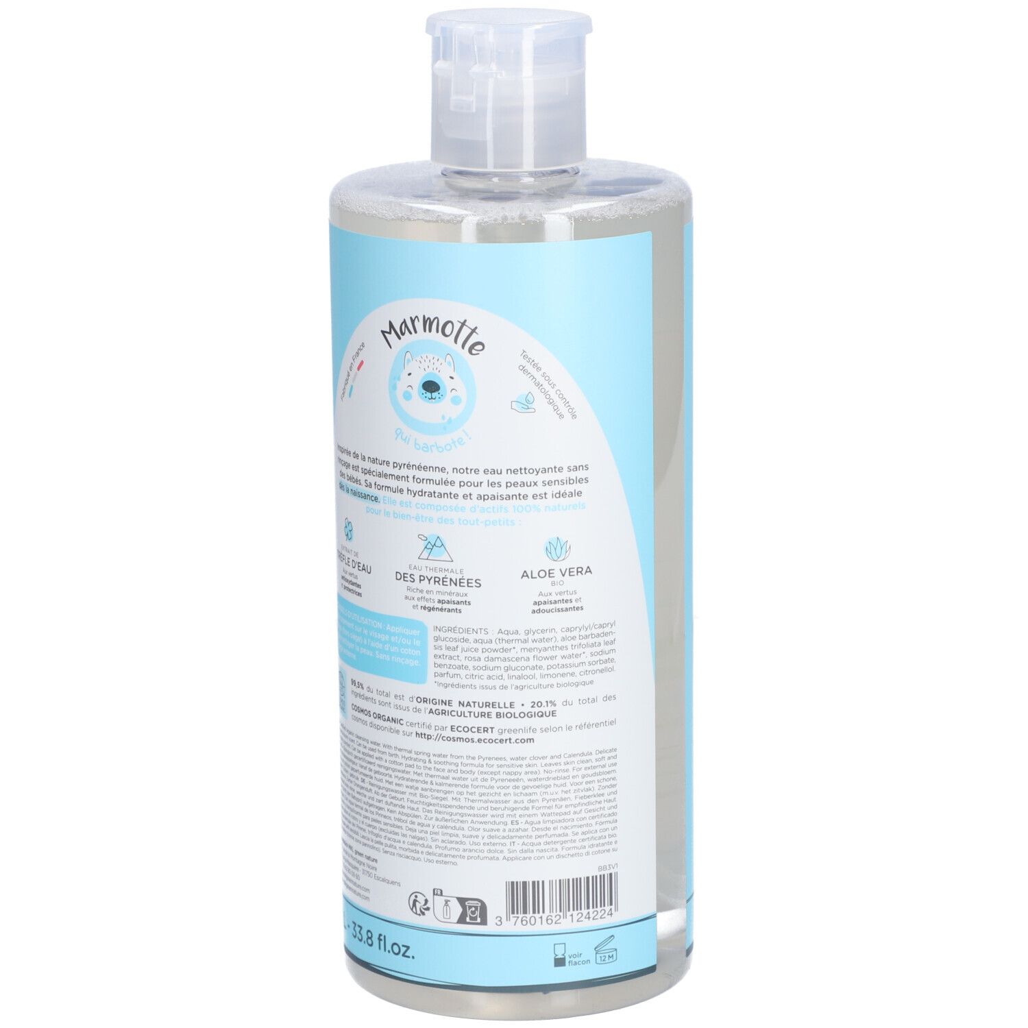 Dos du flacon Baby Green Eau Nettoyante. Texte multilingue. Logo: Marmotte.