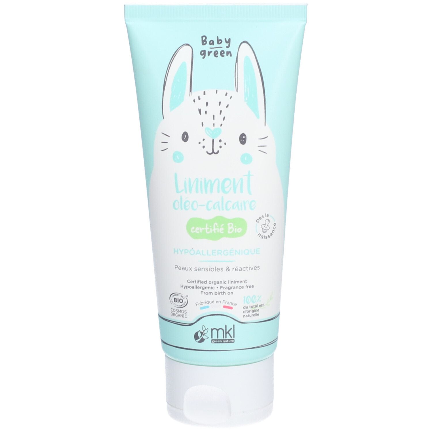 Tube bleu clair avec lapin. Inscription : "Liniment oléo-calcaire certifié Bio". Hypoallergénique.