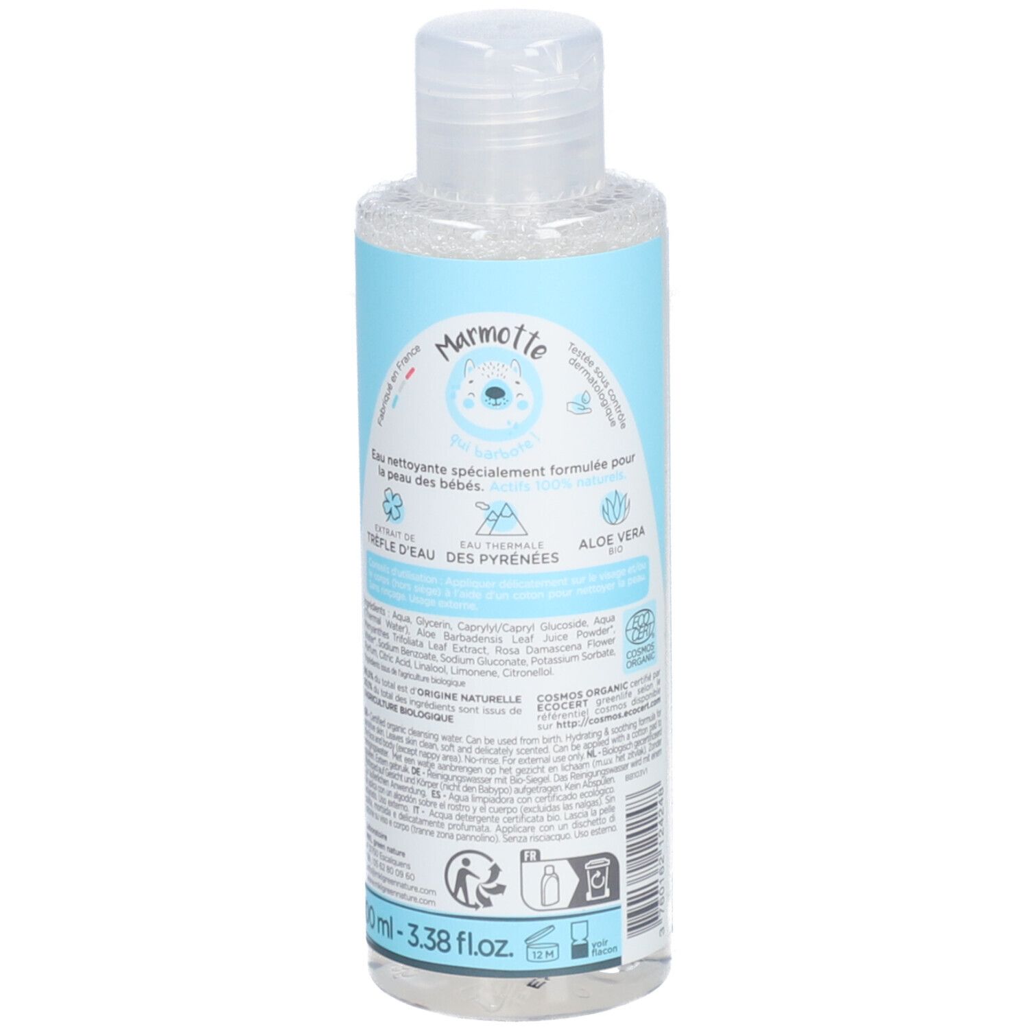 Dos du flacon Baby Green Eau Nettoyante. Texte. Logo Marmotte. 100ml. Certification Bio.
