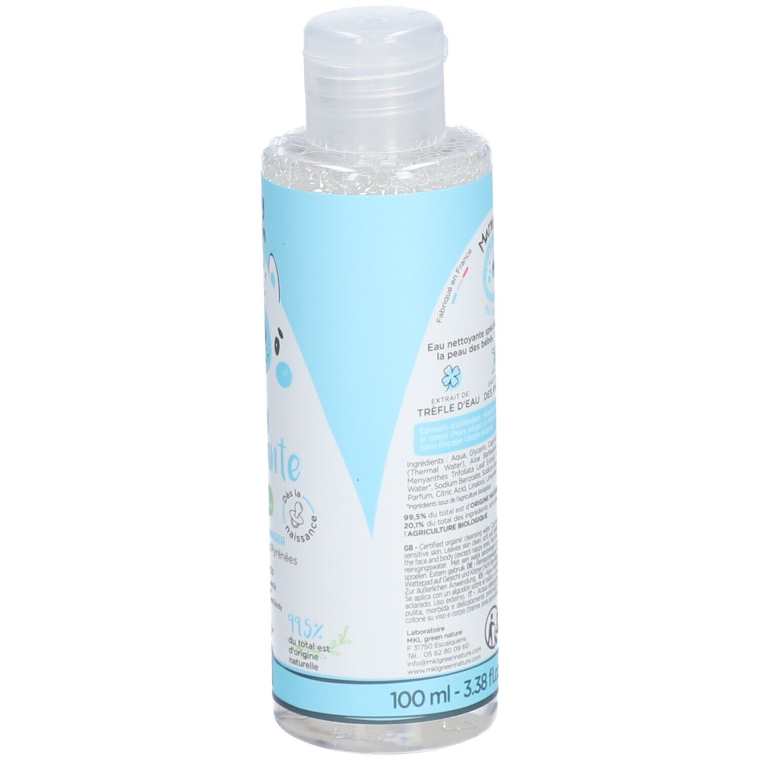 Dos du flacon Baby Green Eau Nettoyante. Texte. 100ml. Certification Bio. Ingrédients.