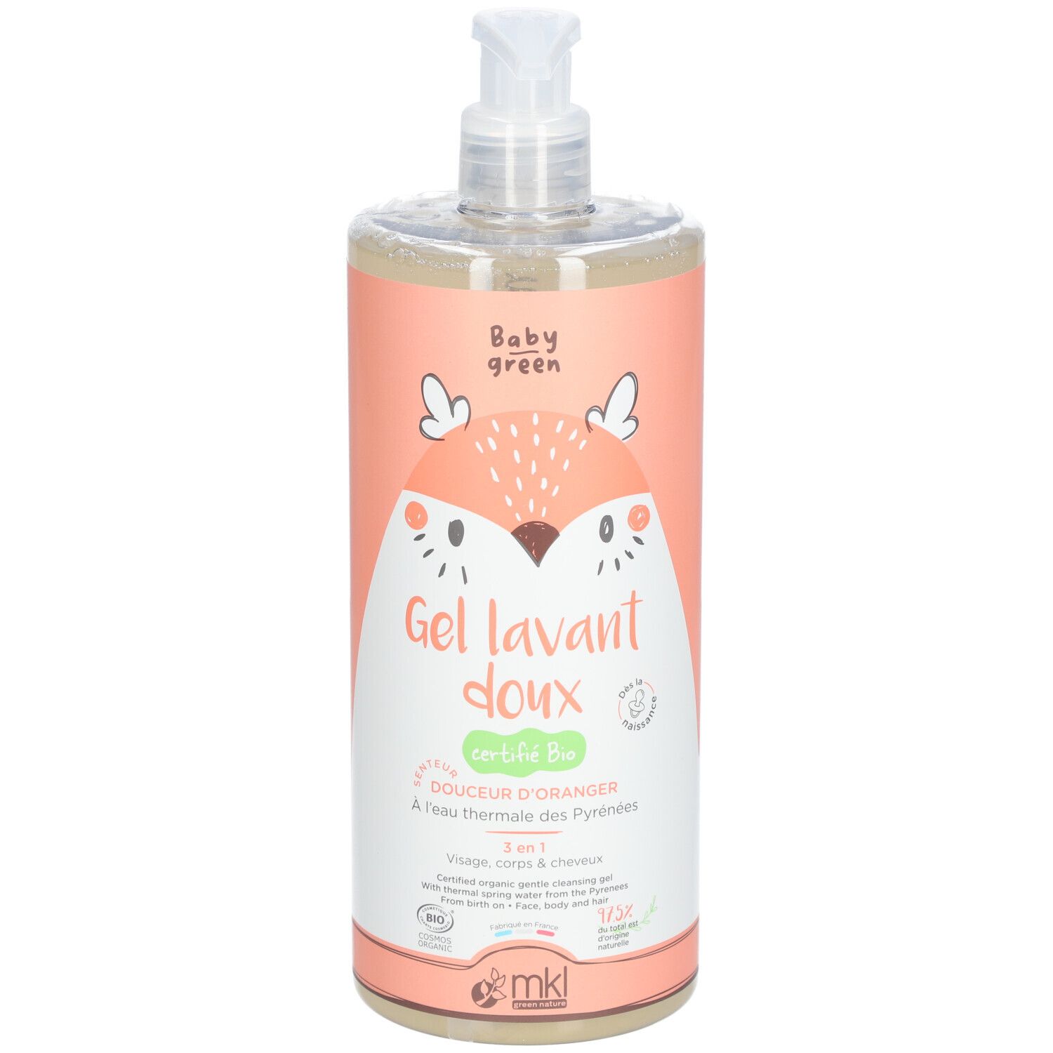 Flacon transparent avec étiquette rose. Inscription: Gel lavant doux, Baby Green. Avec pompe.