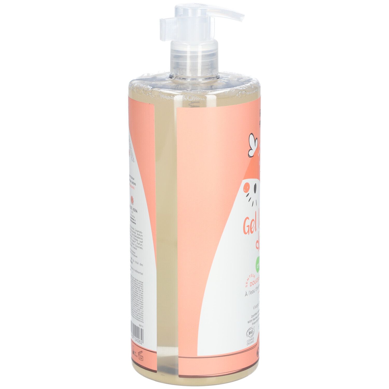 Flacon transparent avec étiquette rose. Vue latérale. Avec pompe.