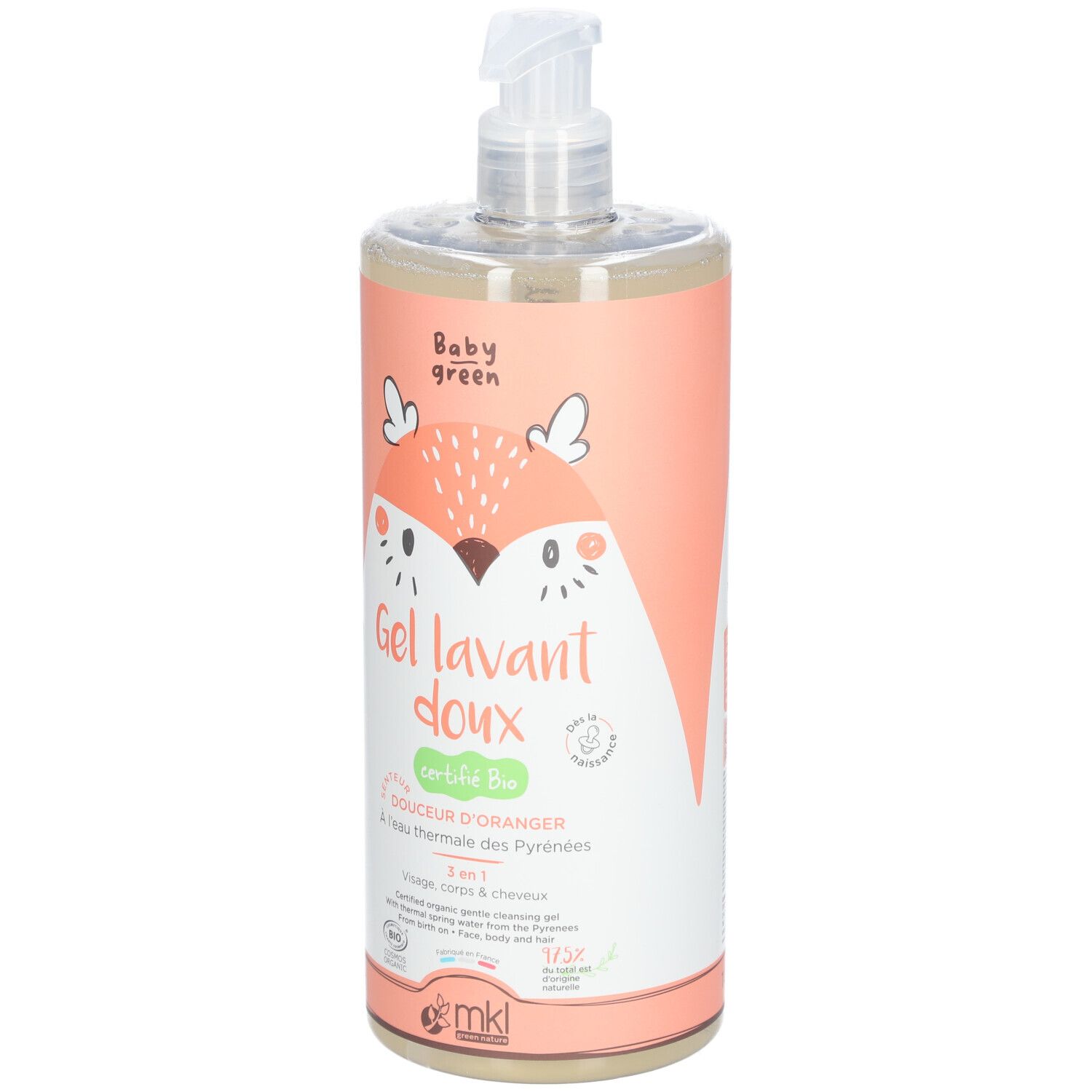 Flacon transparent avec étiquette rose. Inscription: Gel lavant doux, Baby Green. Avec pompe.