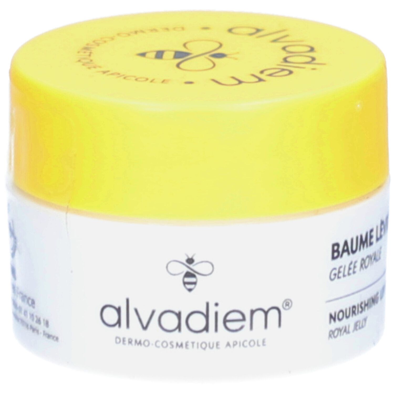 Pot blanc et jaune. Inscription: alvadiem, Baume Lèvres, Gelee Royale, Nourishing Lip Balm. Logo abeille.