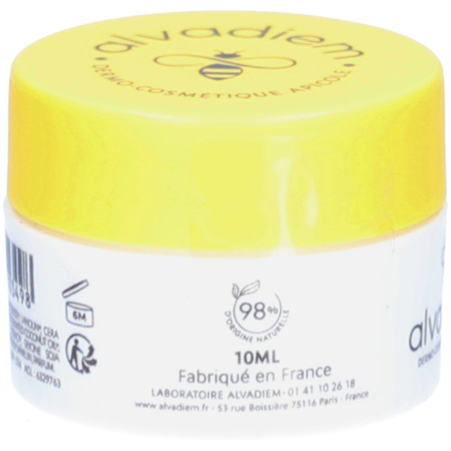 Pot blanc et jaune. Inscription: 10ML, Fabriqué en France, 98% d'origine naturelle. Logo.