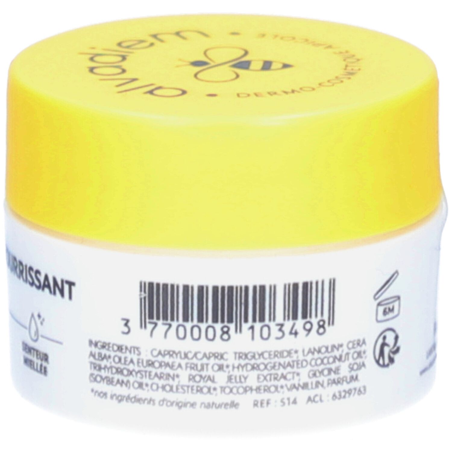 Pot blanc et jaune. Inscription: Ingrédients, code-barres, symbole 6M.