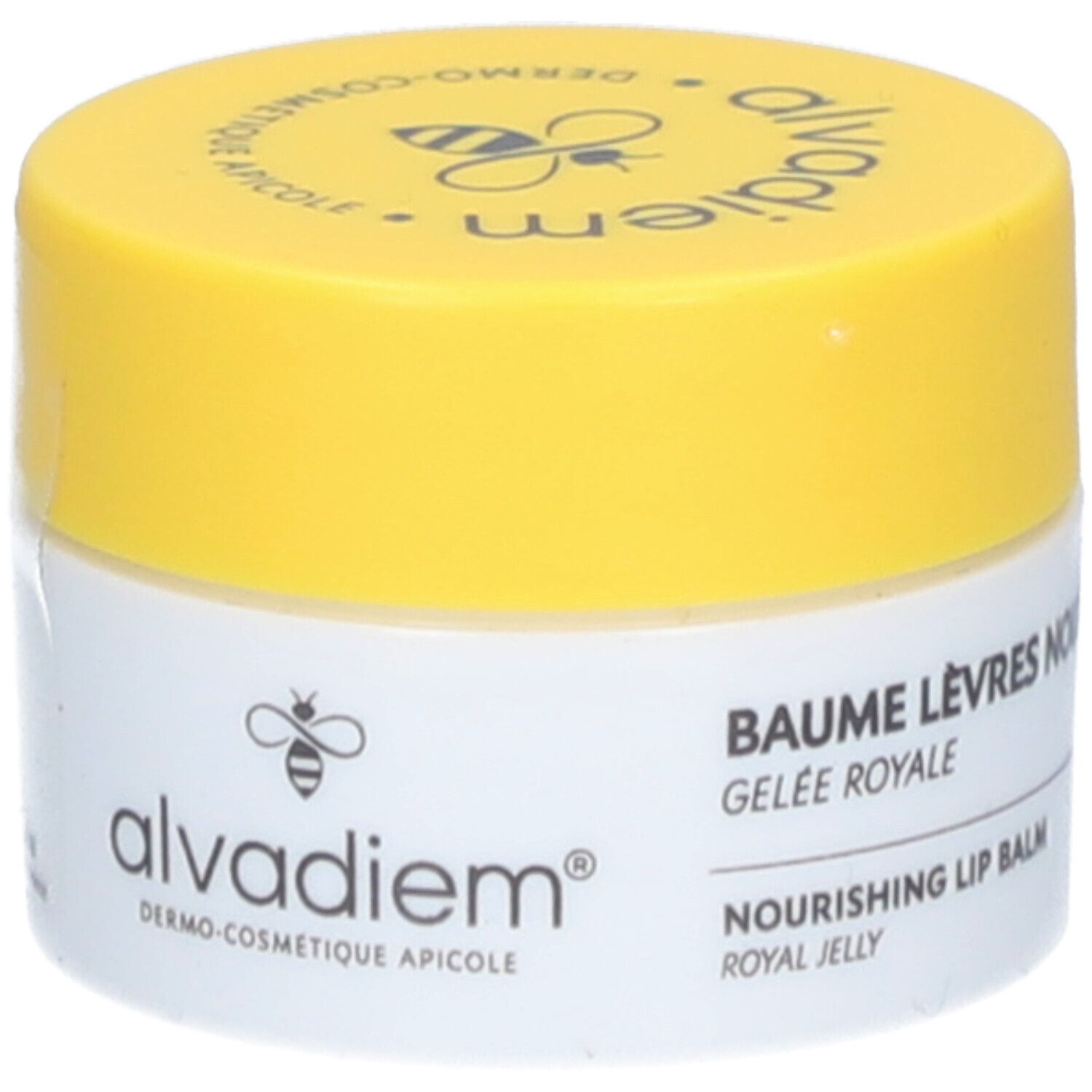 Pot blanc et jaune. Inscription: alvadiem, Baume Lèvres Nourrissant, Gelee Royale, Nourishing Lip Balm.