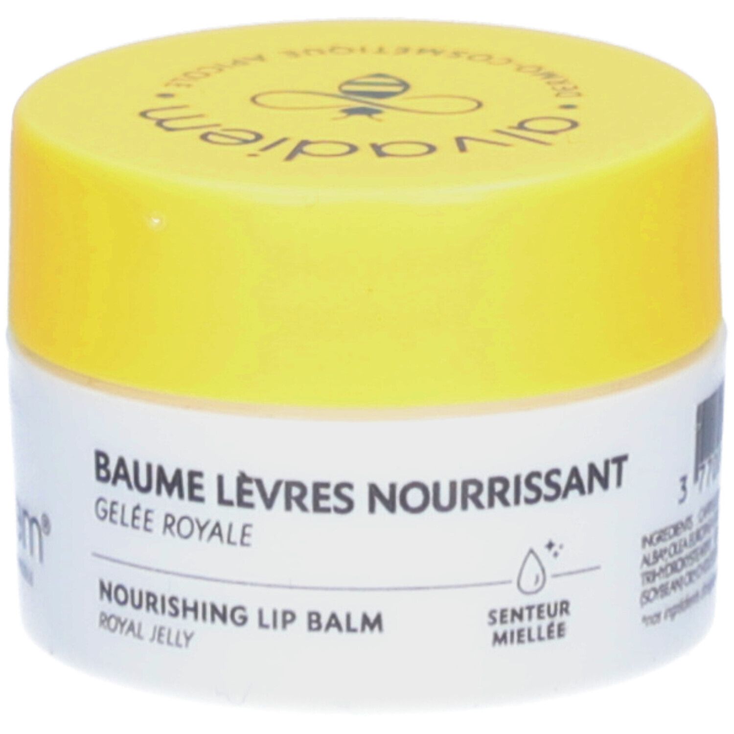 Pot blanc et jaune. Inscription: Baume Lèvres Nourrissant, Gelee Royale, Nourishing Lip Balm, Senteur Miellée.