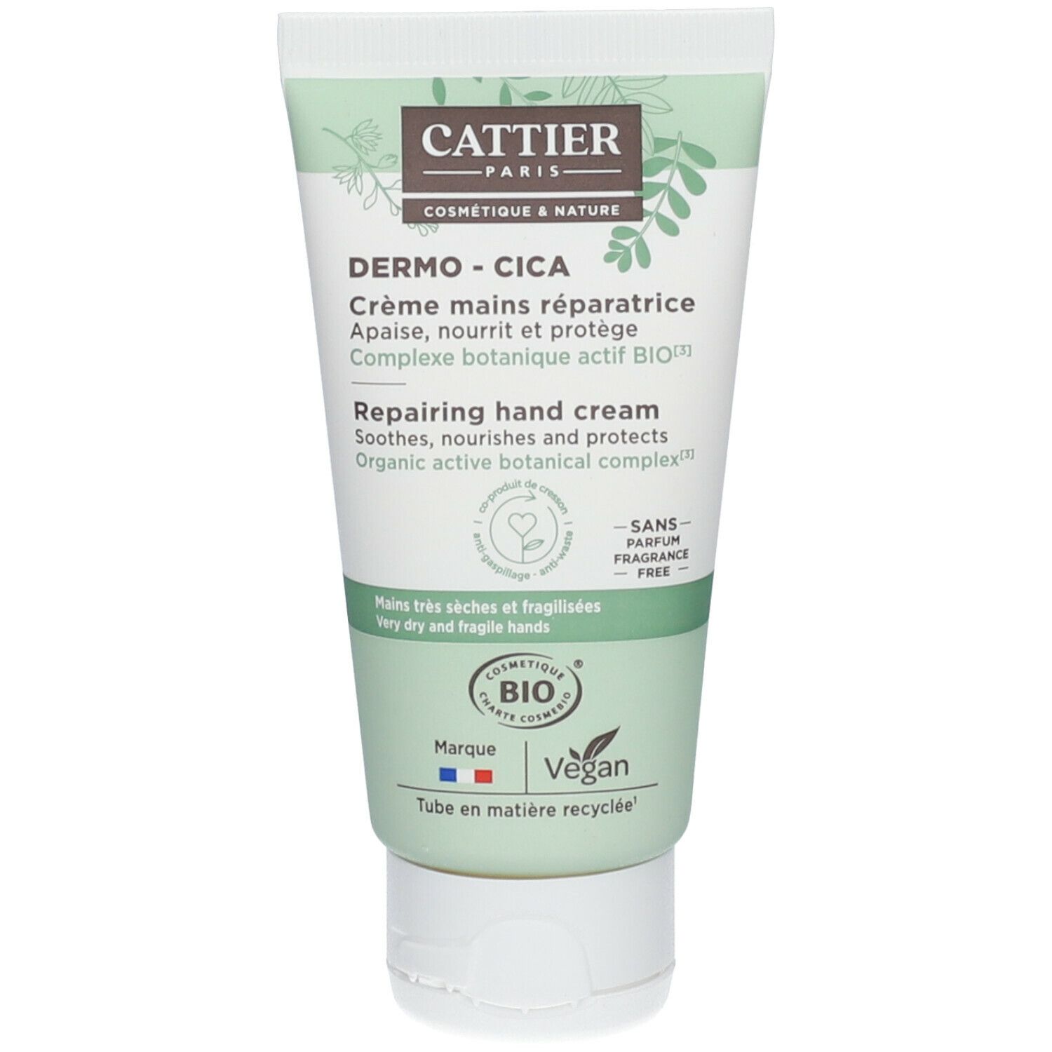 Tube de crème pour les mains CATTIER. Dermo-Cica, Crème mains réparatrice. Certifié bio, Vegan. Emballage recyclé.