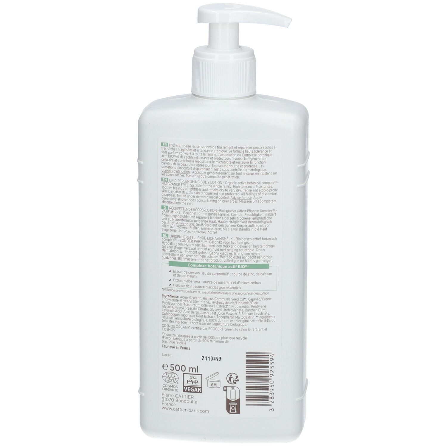 Dos du flacon blanc. Texte multilingue. Labels Bio, Vegan et indication de volume 500 ml.
