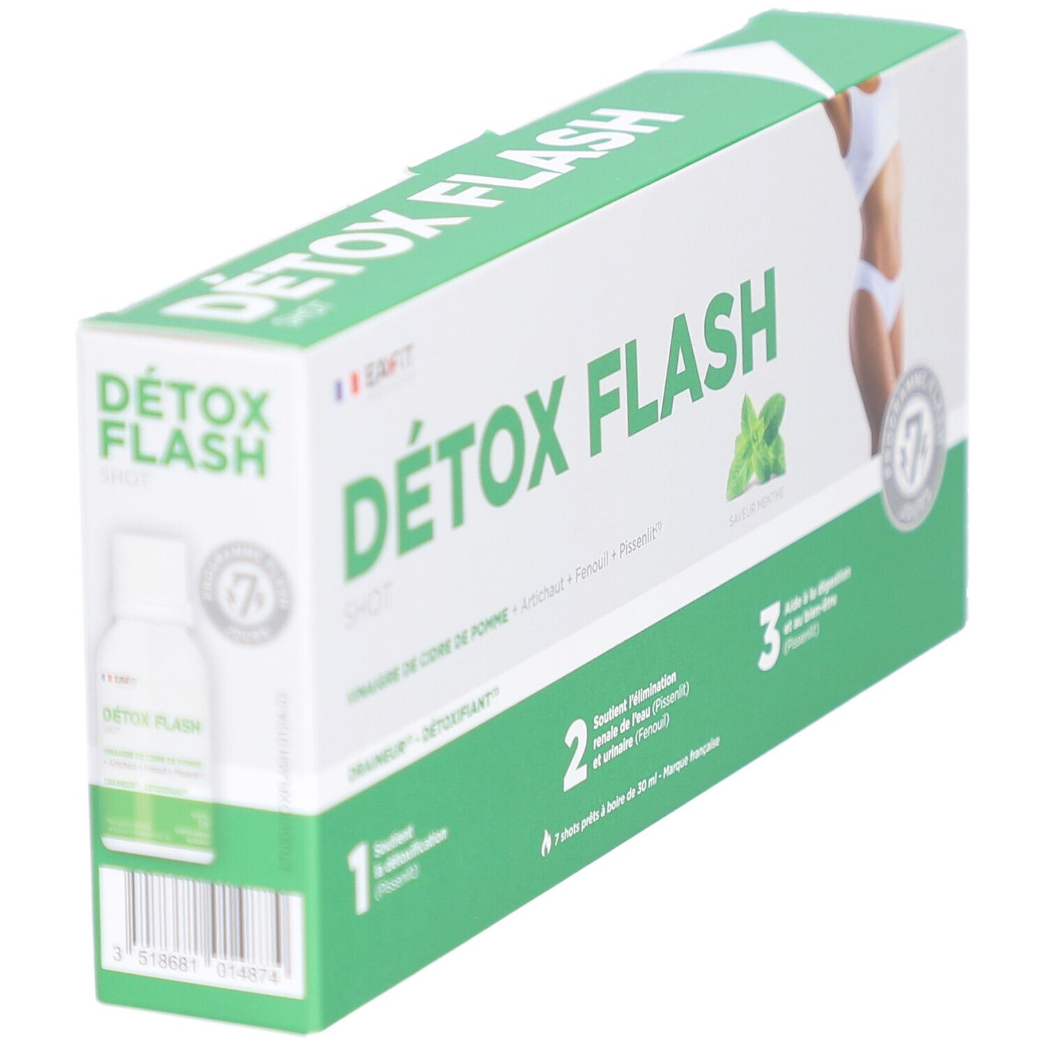 Boîte "DÉTOX FLASH SHOT" avec flacon. Emballage vert et blanc. Programme 7 jours. Contient vinaigre de cidre, artichaut, fenouil, prune.