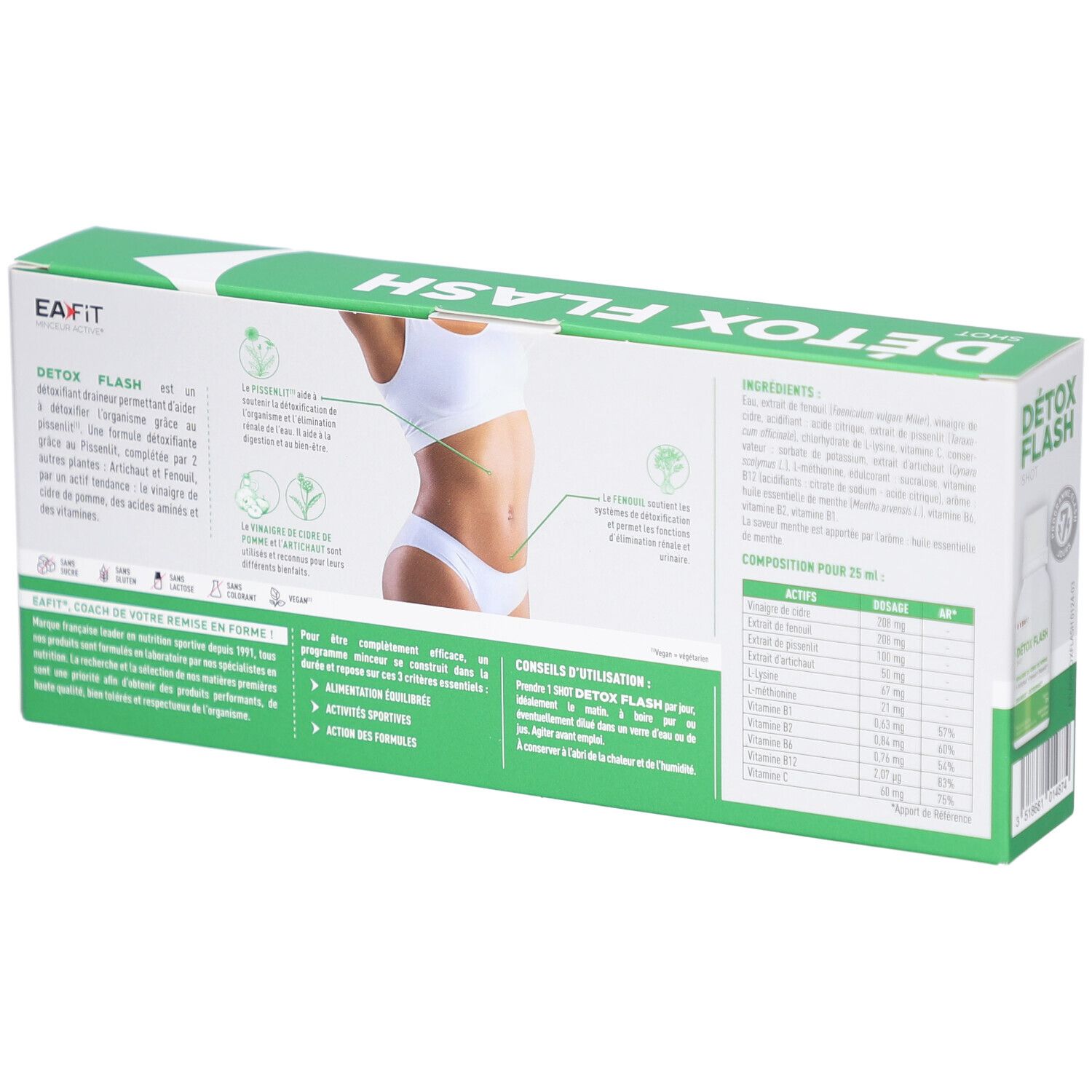 Dos de la boîte "DÉTOX FLASH SHOT". Contient informations ingrédients et valeurs nutritionnelles. Emballage vert et blanc.