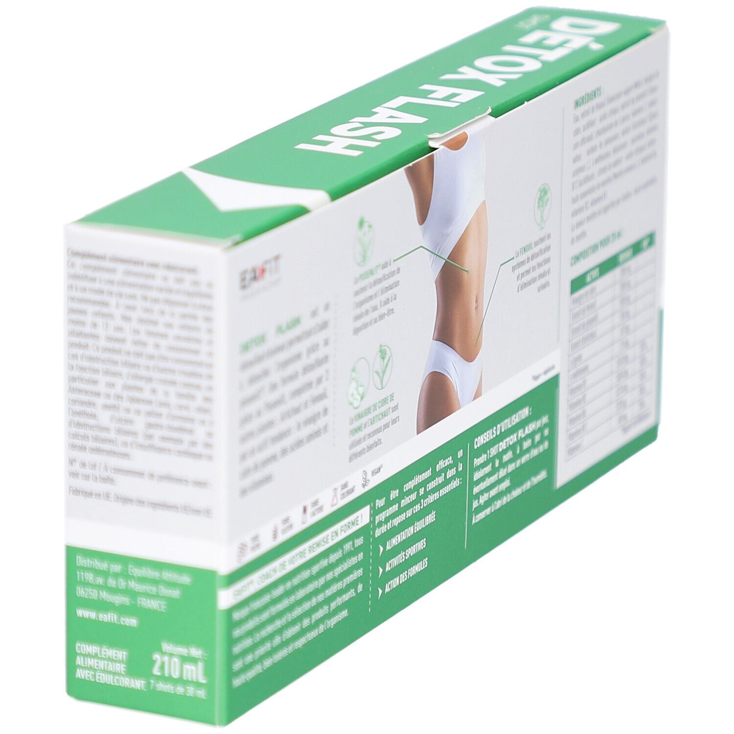 Vue latérale de la boîte "DÉTOX FLASH SHOT". Contient informations et image d'une femme. Emballage vert et blanc.