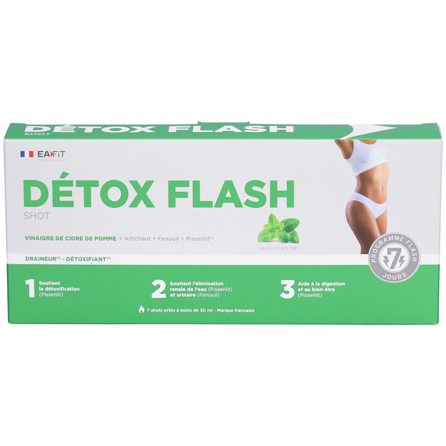 Boîte verte "DÉTOX FLASH SHOT". Image d'une femme. Programme 7 jours. Contient vinaigre de cidre, artichaut, fenouil, prune.