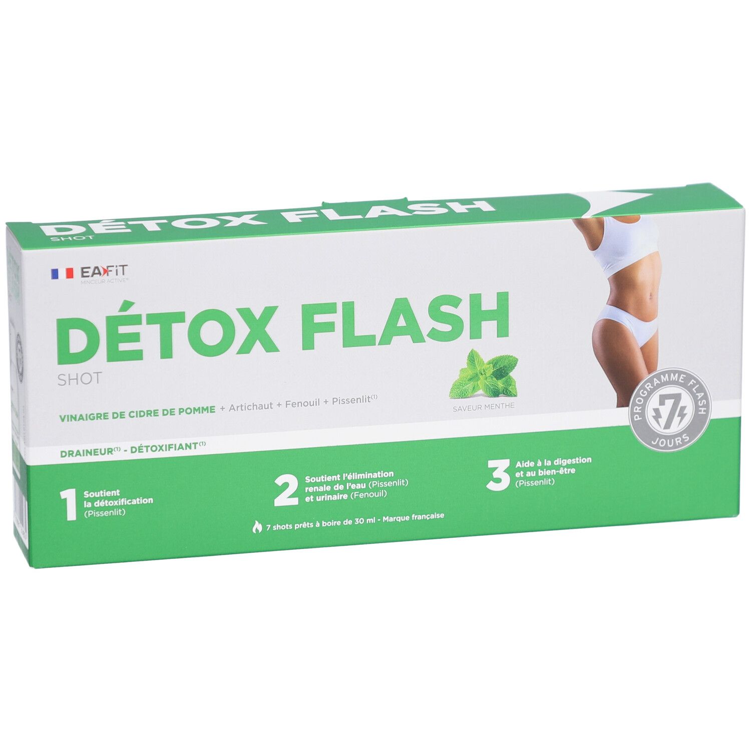 Boîte verte "DÉTOX FLASH SHOT". Image d'une femme. Programme 7 jours. Contient vinaigre de cidre, artichaut, fenouil, prune.