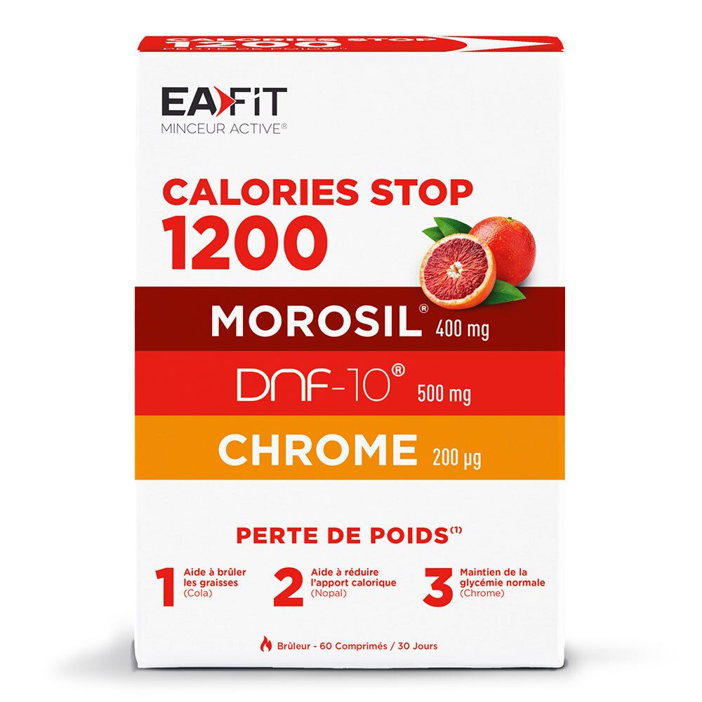 Boîte blanche "EA FIT CALORIES STOP 1200". Contient MOROSIL, DNF-10, Chrome. Illustration d'une orange sanguine coupée.