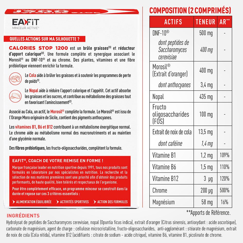 Page de texte avec ingrédients et informations EA FIT. Tableaux avec ingrédients et valeurs nutritionnelles.