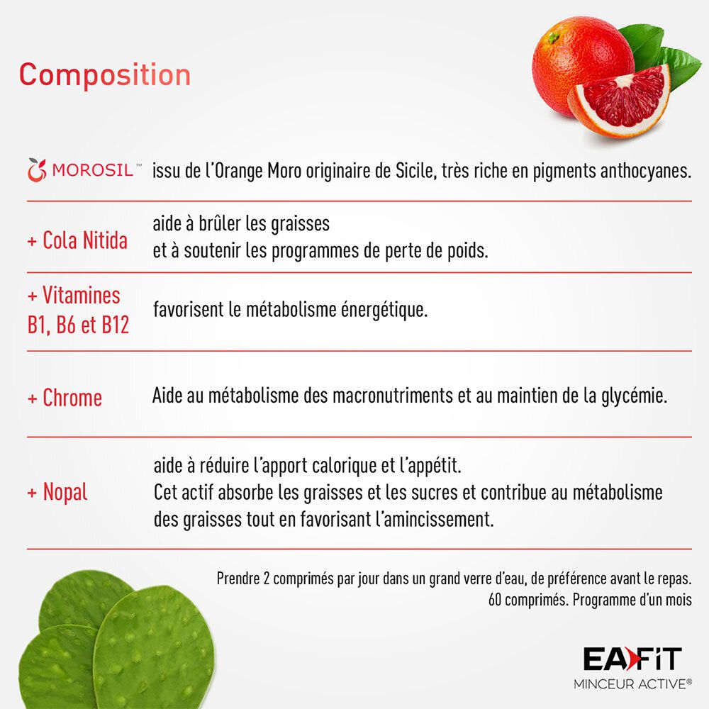 Infographie avec ingrédients et leurs effets. Contient MOROSIL, Cola Nitida, vitamines, Chrome et Nopal.