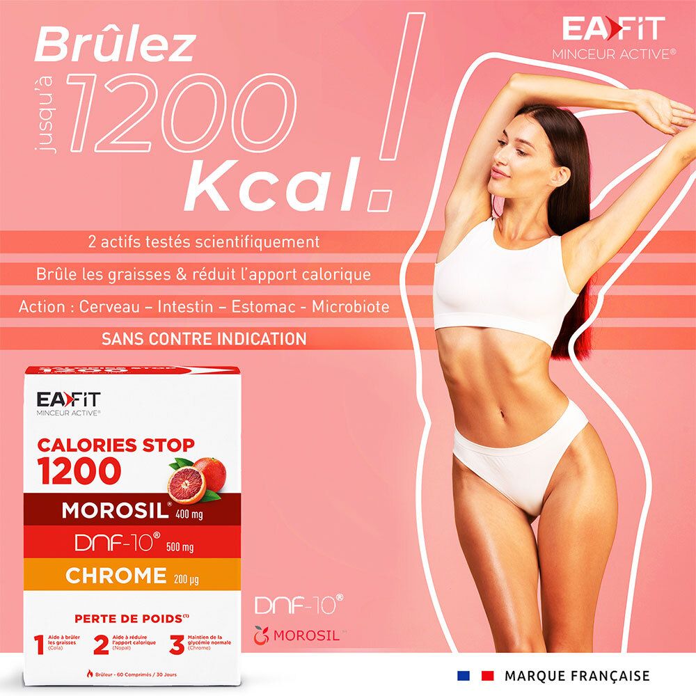 Boîte "CALORIES STOP 1200" à côté d'une femme. Texte : "Brûlez jusqu'à 1200 Kcal".