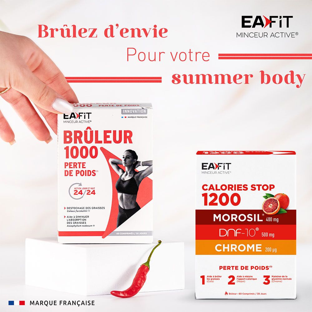 Deux boîtes de produits : "BRÛLEUR 1000" et "CALORIES STOP 1200". Piment et main.