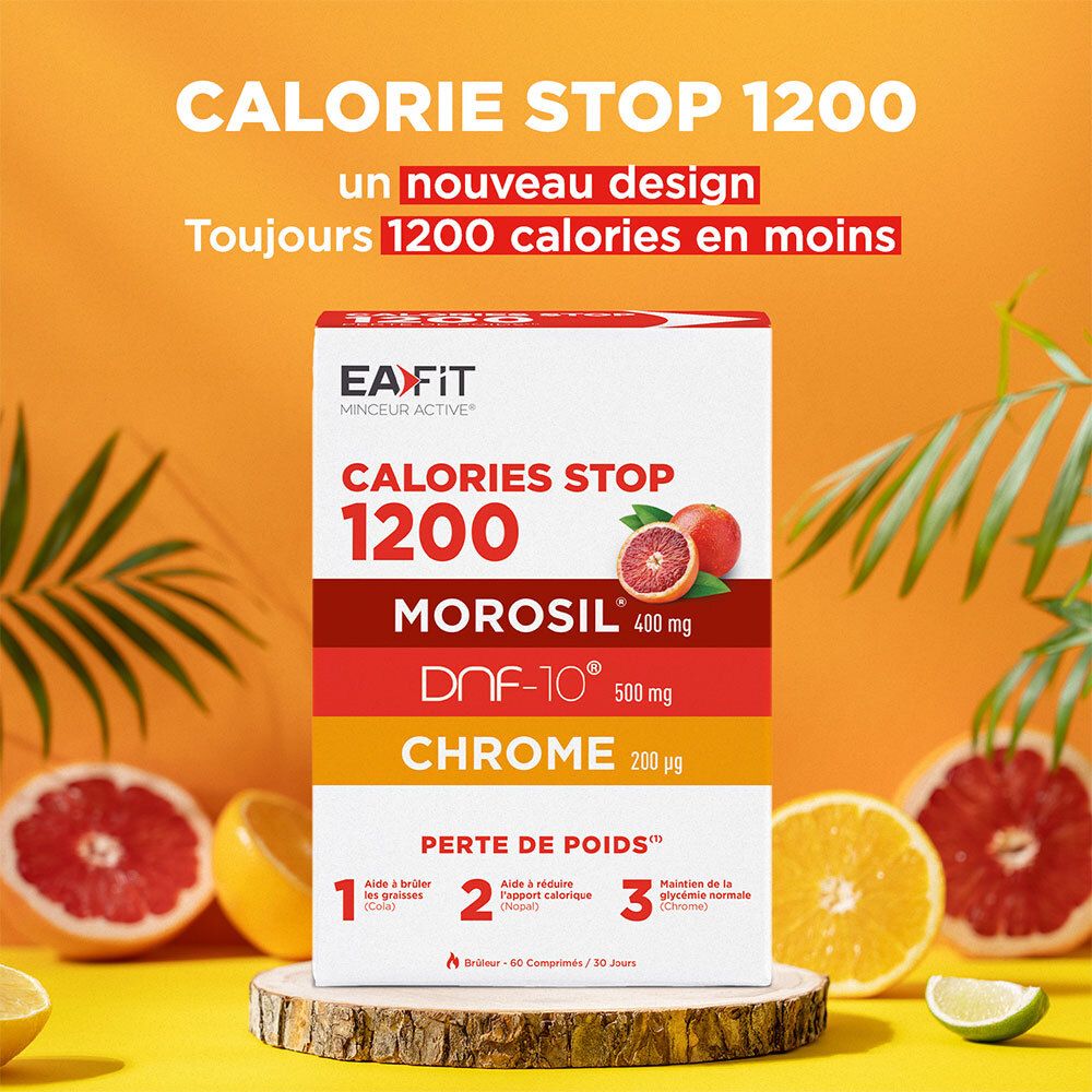 Boîte "CALORIES STOP 1200" sur socle en bois. Entourée de fruits. Texte : "un nouveau design".