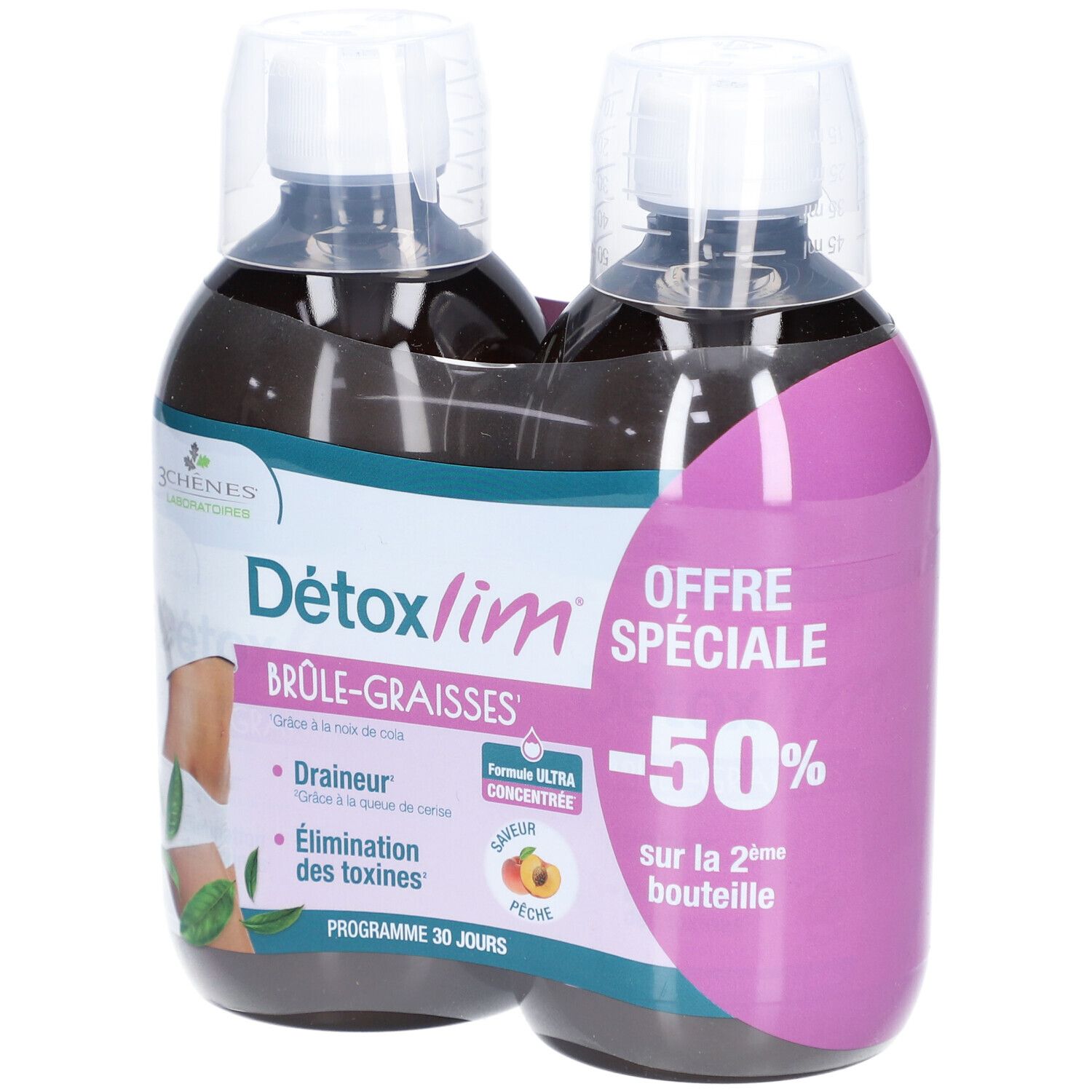 Deux bouteilles de Détoxlim Brûle-Graisses. Offre spéciale -50% sur la 2ème bouteille. Programme 30 jours.