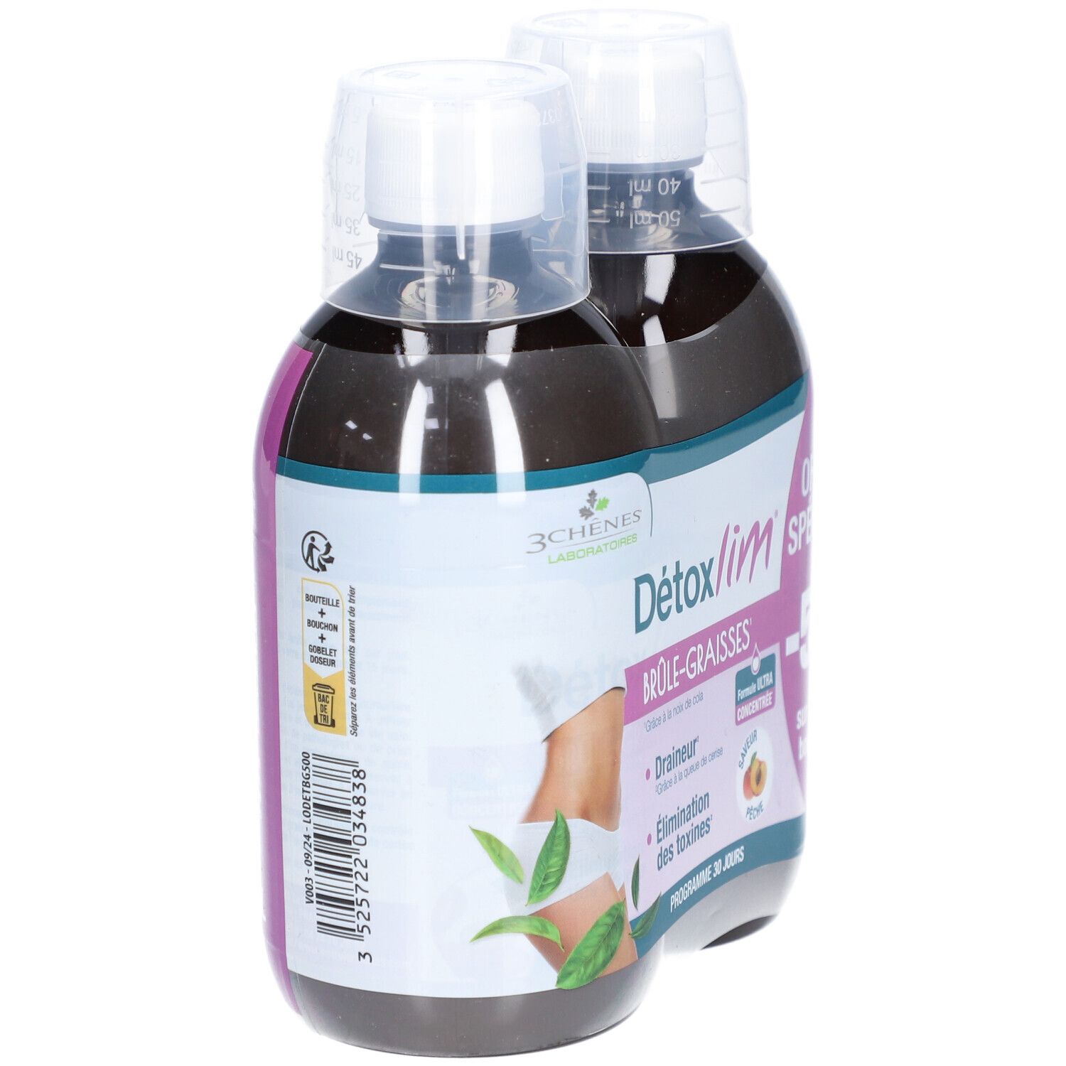 Deux bouteilles de Détoxlim Brûle-Graisses. Marque 3 CHENES LABORATOIRES. Avec illustrations et texte.