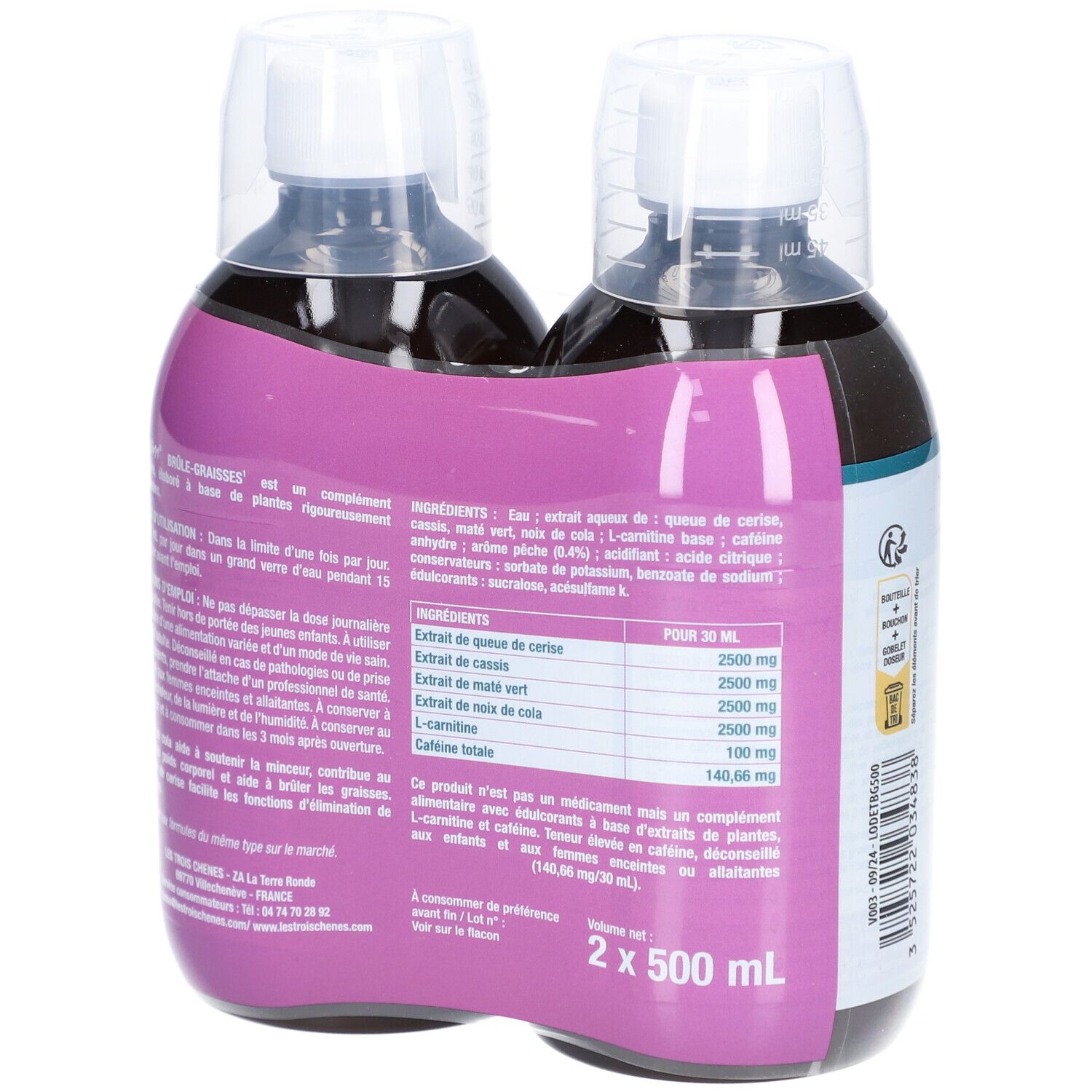 Dos de l'emballage de deux bouteilles. Contient des informations sur les ingrédients et les valeurs nutritionnelles.