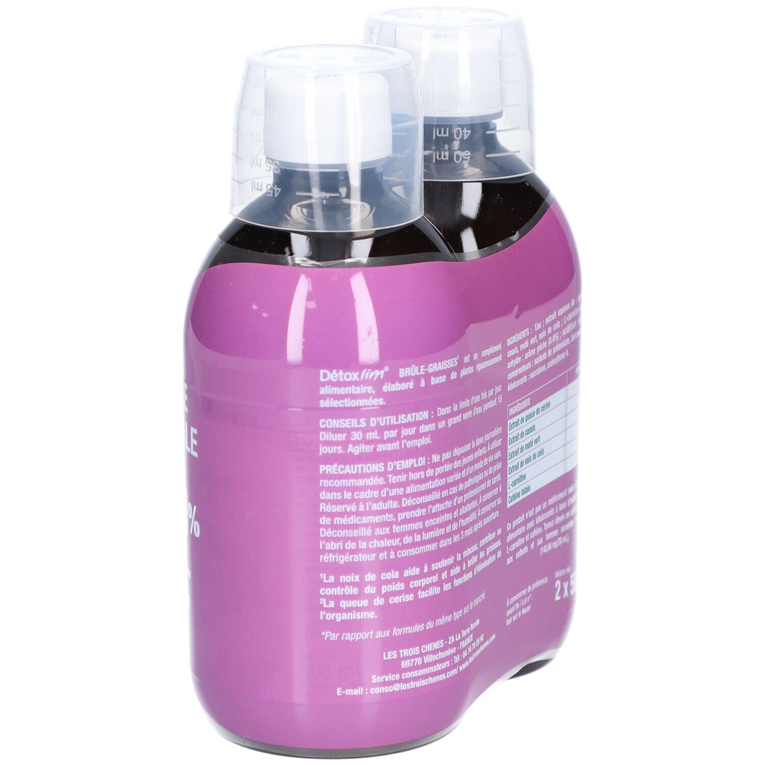 Dos de l'emballage de deux bouteilles. Contient des conseils d'utilisation et des précautions.