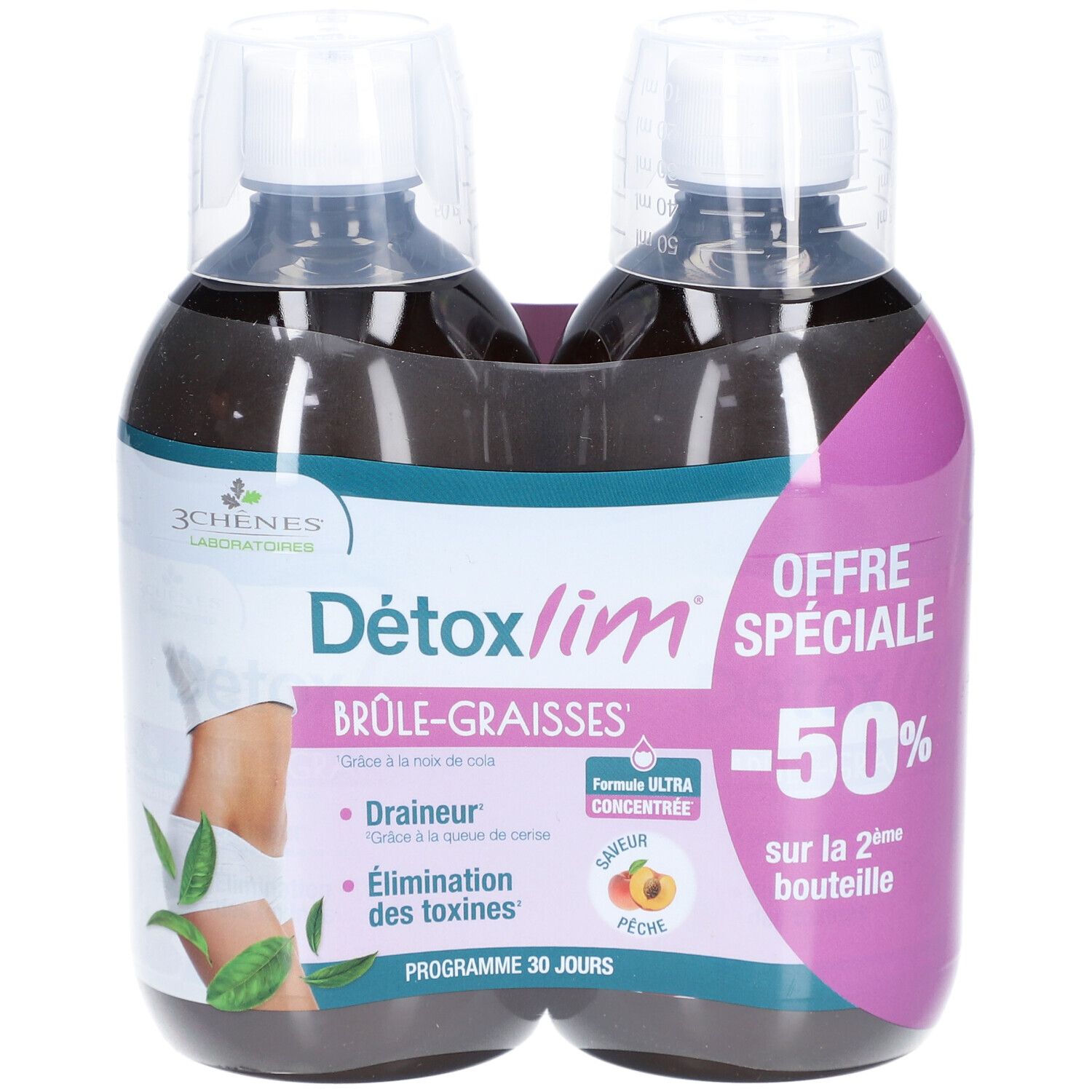 Deux bouteilles de Détoxlim Brûle-Graisses. Marque 3 CHENES LABORATOIRES. Avec illustrations et texte.