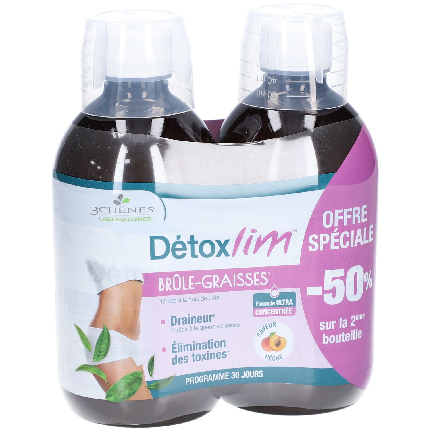 Deux bouteilles de Détoxlim Brûle-Graisses. Marque 3 CHENES LABORATOIRES. Avec illustrations et texte.