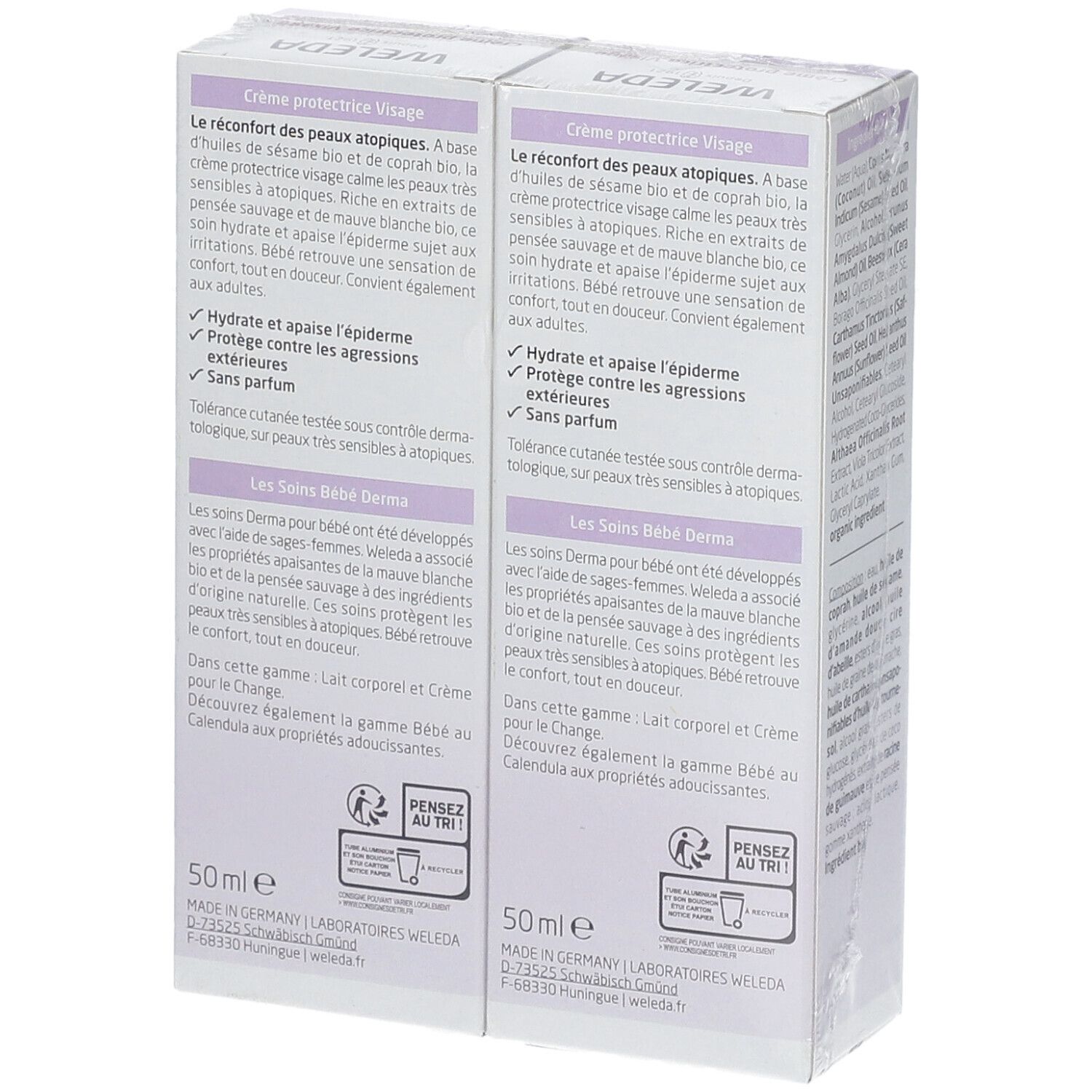 Dos de deux boîtes de Crème protectrice Visage WELEDA Baby. Texte : 50 ml, Made in Germany, certification Bio.