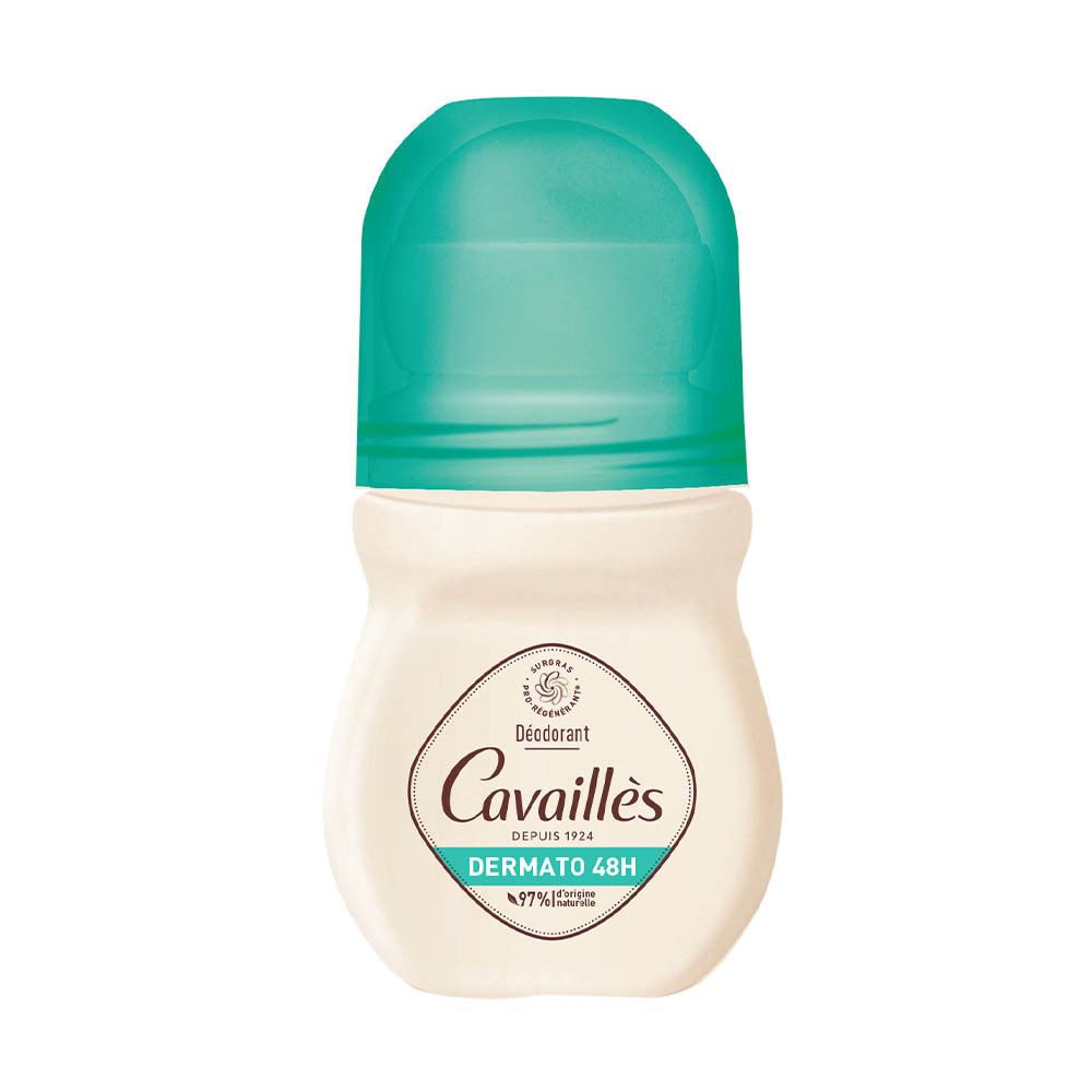 Déodorant roll-on blanc et turquoise. Inscription "Cavaillès", "Dermato 48h" et logo sur l'étiquette.