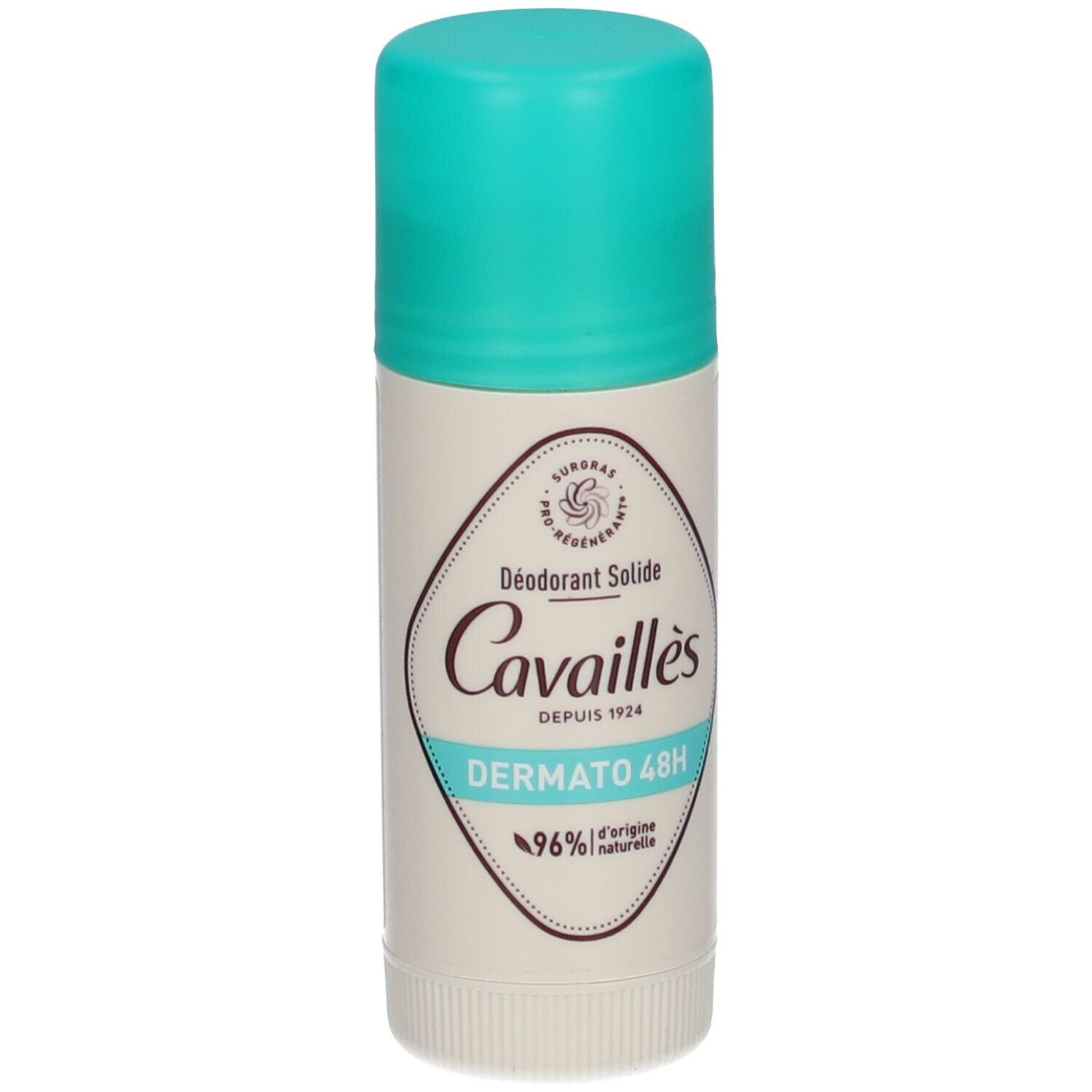 Stick déodorant avec bouchon turquoise. Inscription: Cavaillès, Dermato 48H. 96% d'origine naturelle.