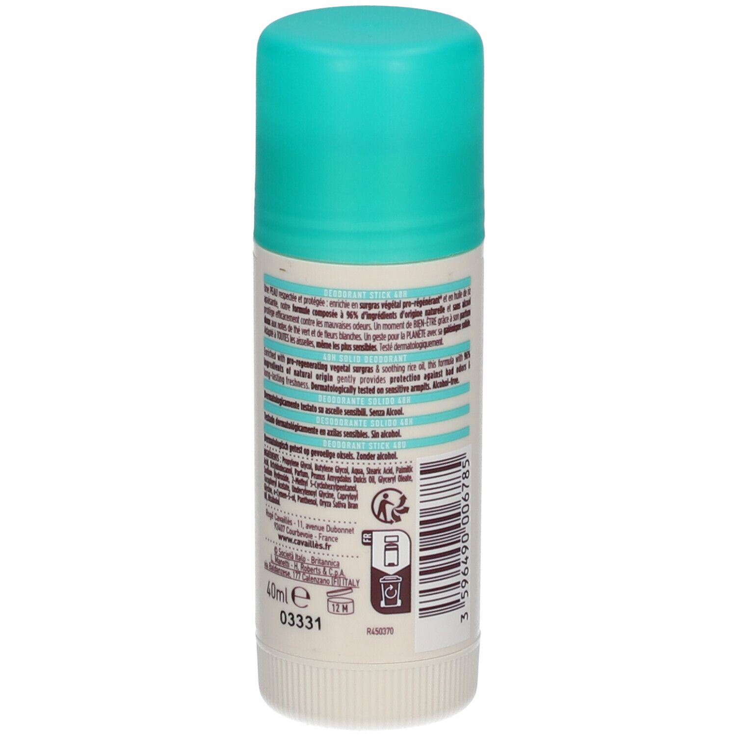 Dos du stick avec texte. Emballage turquoise et blanc. Inscription: Cavaillès, Dermato 48H.