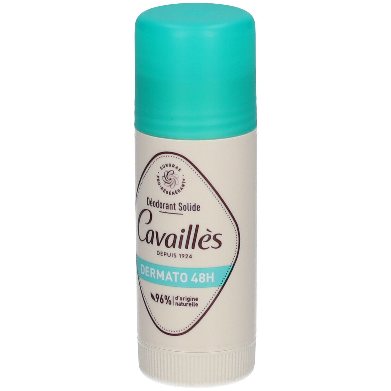 Stick déodorant avec bouchon turquoise. Inscription: Cavaillès, Dermato 48H. 96% d'origine naturelle.