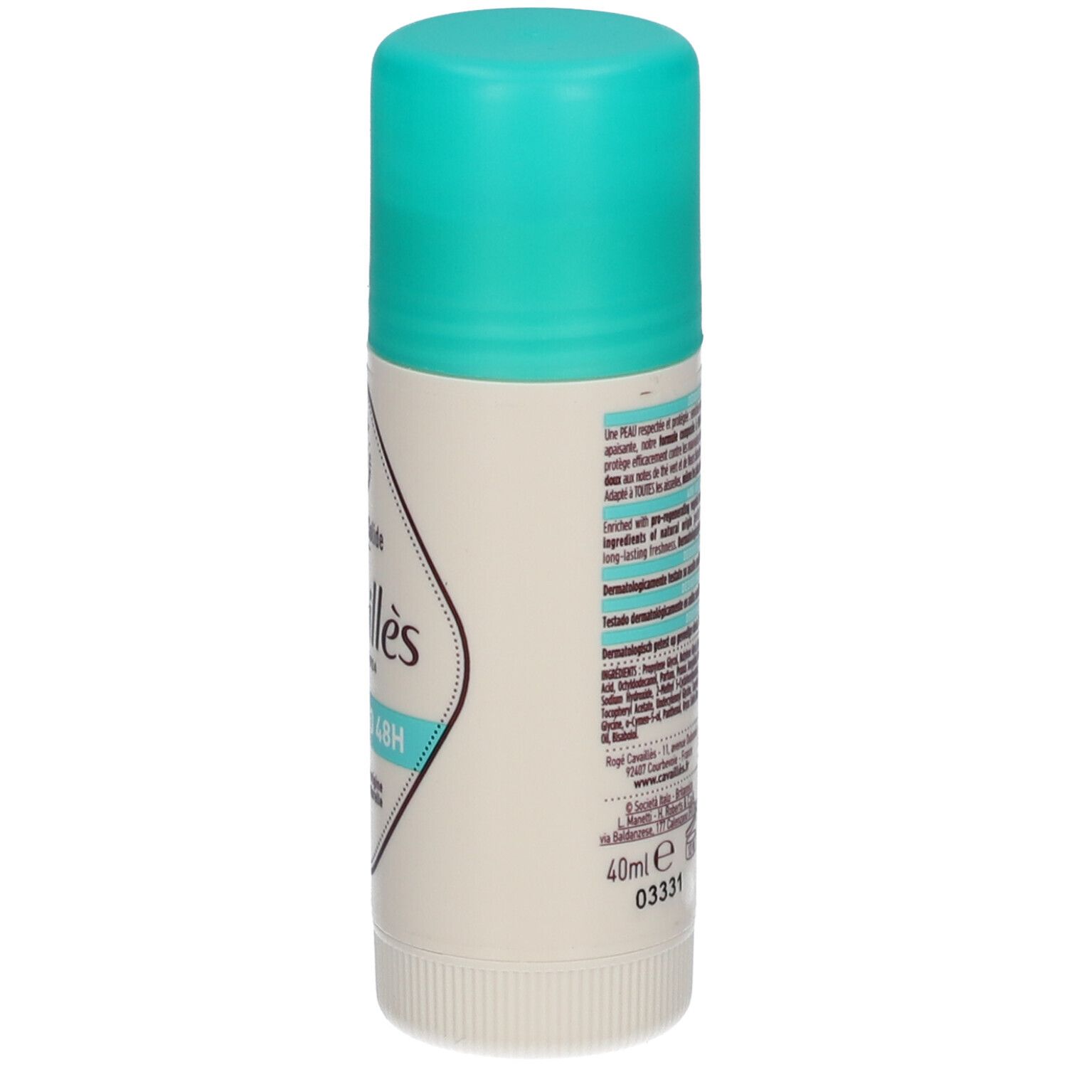 Stick déodorant avec bouchon turquoise. Inscription: Cavaillès, Dermato 48H. 96% d'origine naturelle.