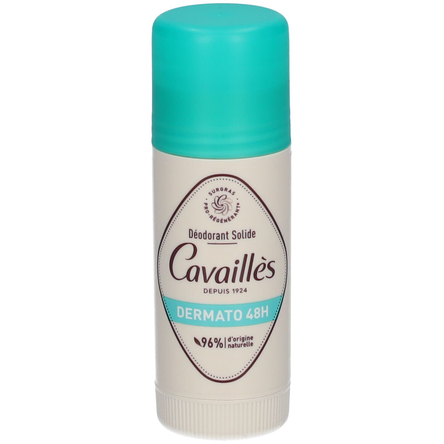 Côté du stick avec texte. Emballage turquoise et blanc. Inscription: Cavaillès, Dermato 48H.