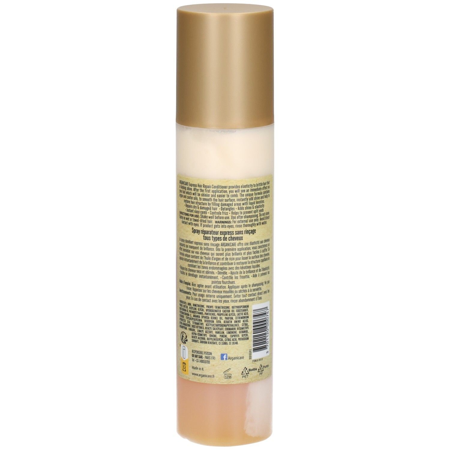 Arganicare Spray Démêlant Express Réparateur Cheveux, verso avec ingrédients et certifications.