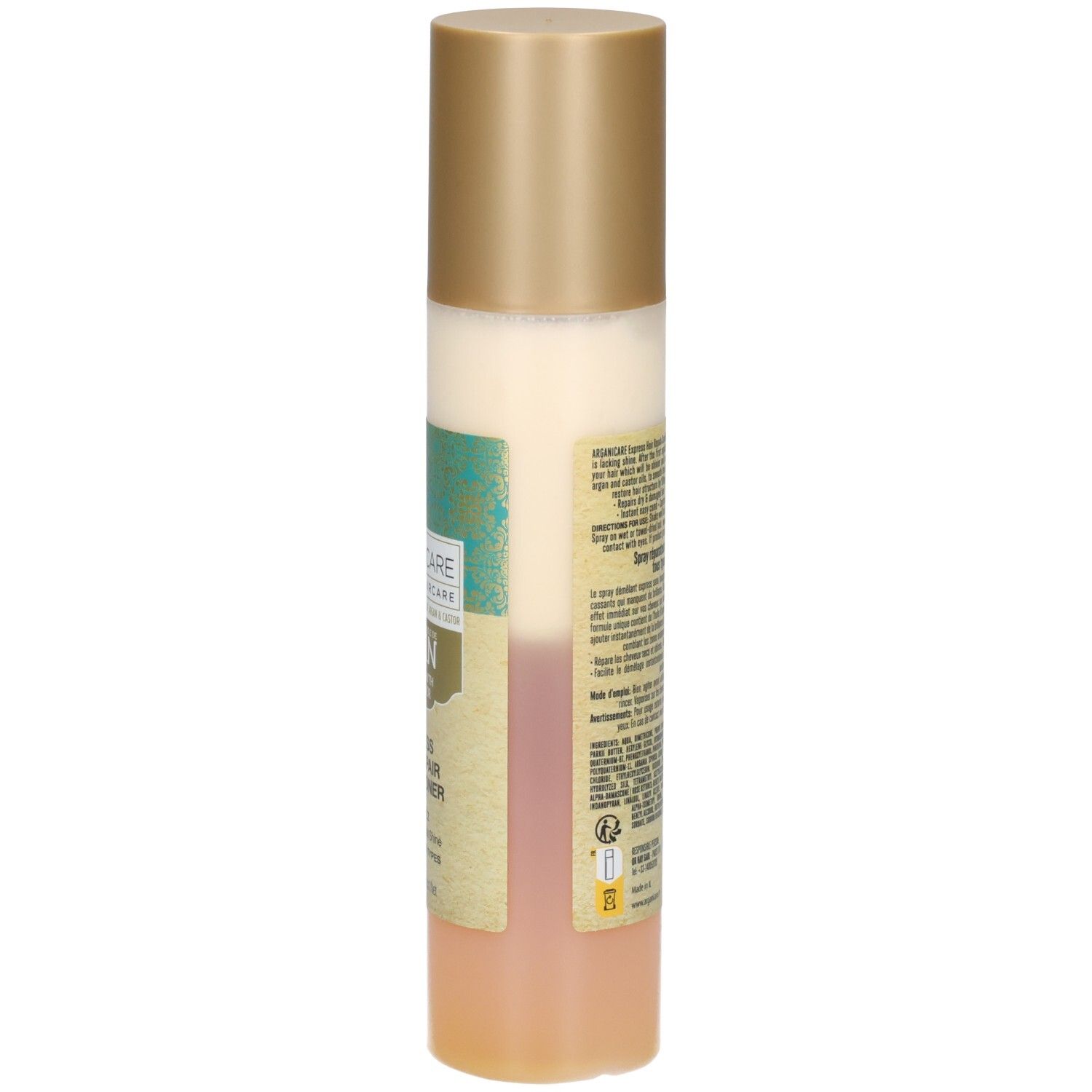 Arganicare Spray Démêlant Express Réparateur Cheveux, verso avec instructions.