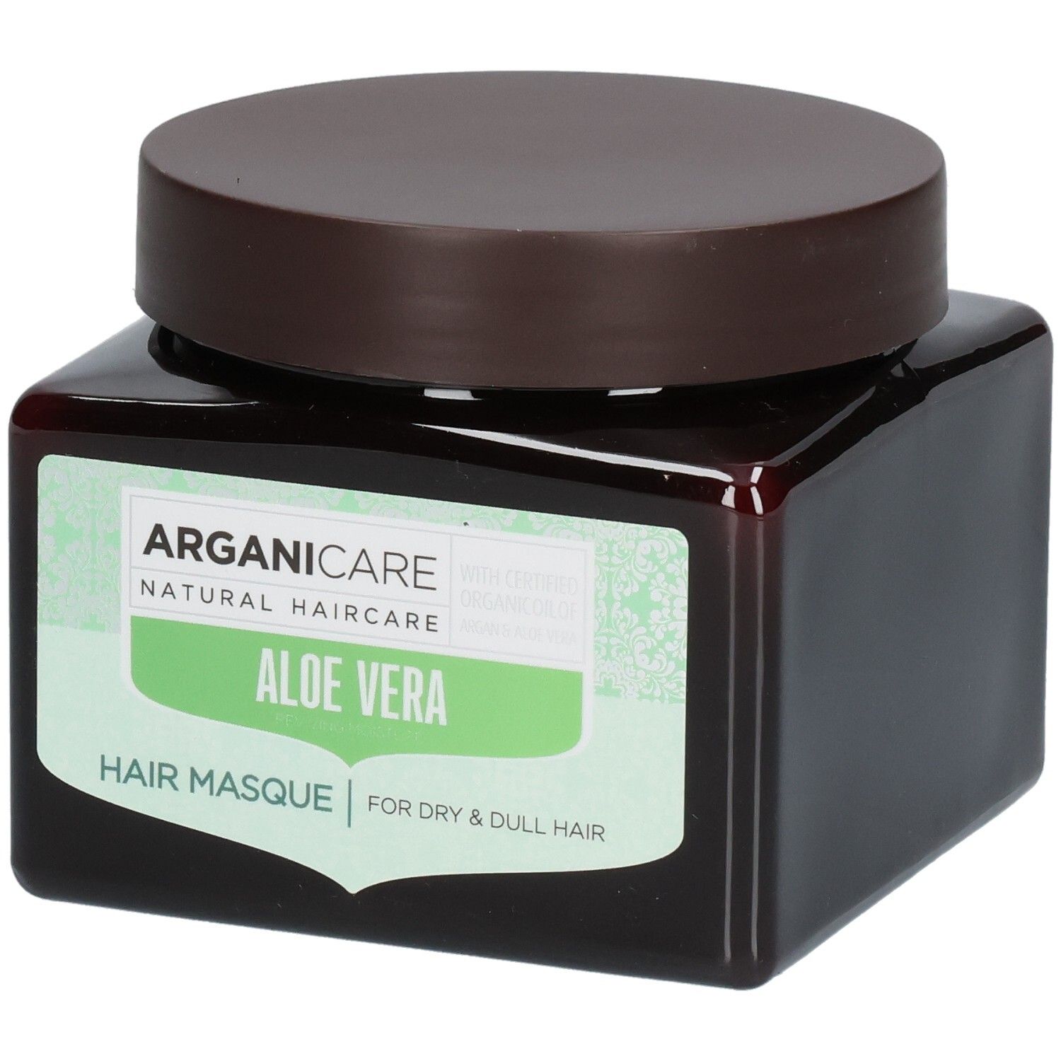 Masque capillaire Arganicare à l'Aloe Vera pour cheveux secs et ternes dans un pot brun.