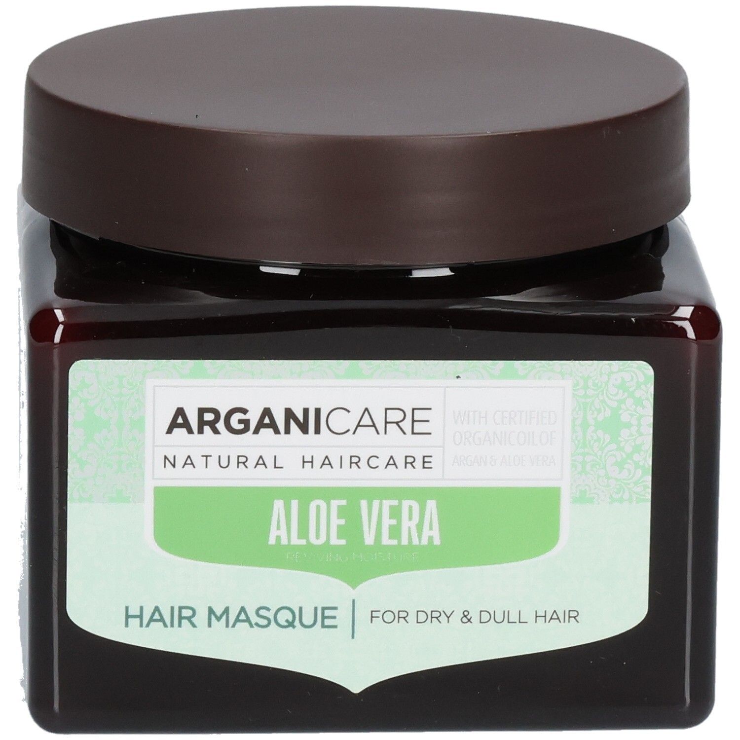 Masque capillaire Arganicare à l'Aloe Vera pour cheveux secs et ternes dans un pot brun.