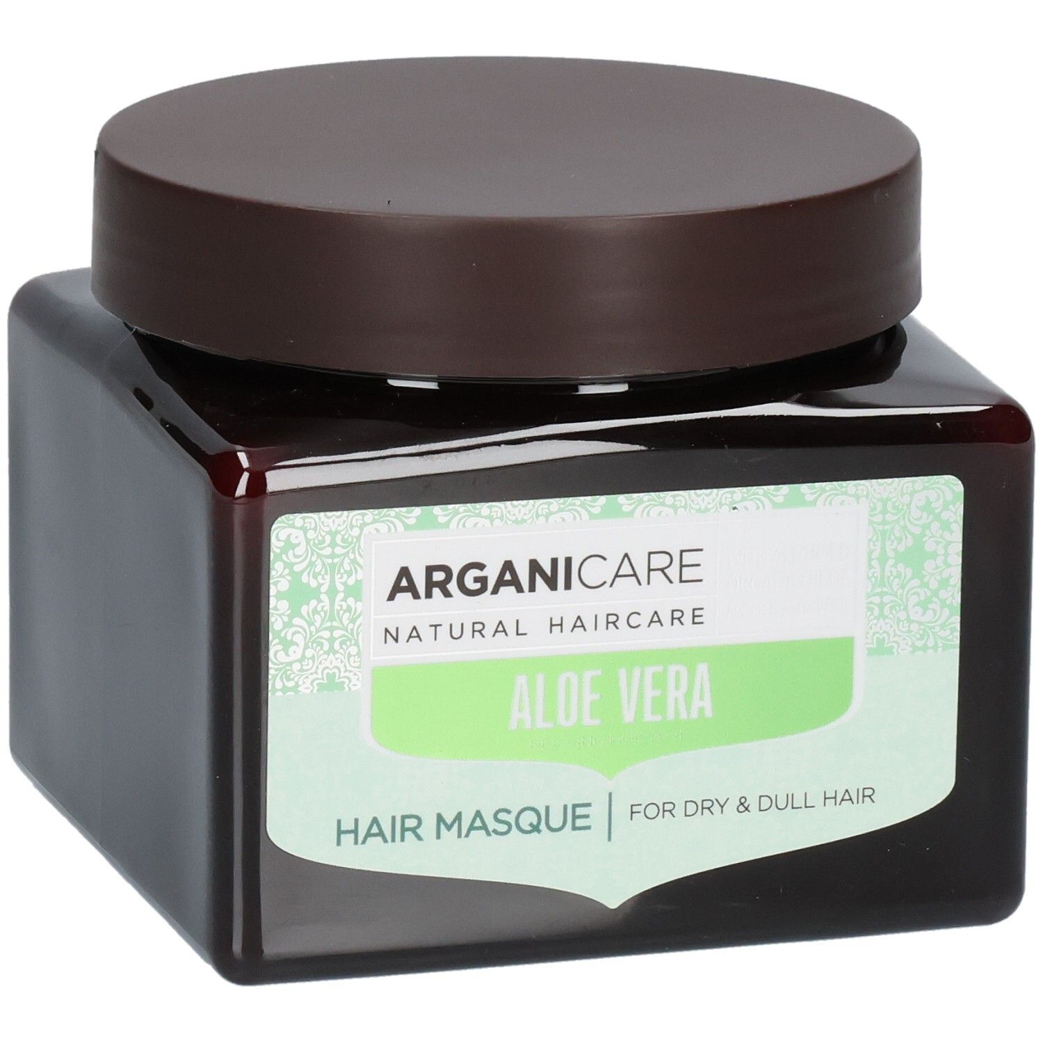Masque capillaire Arganicare à l'Aloe Vera pour cheveux secs et ternes dans un pot brun.
