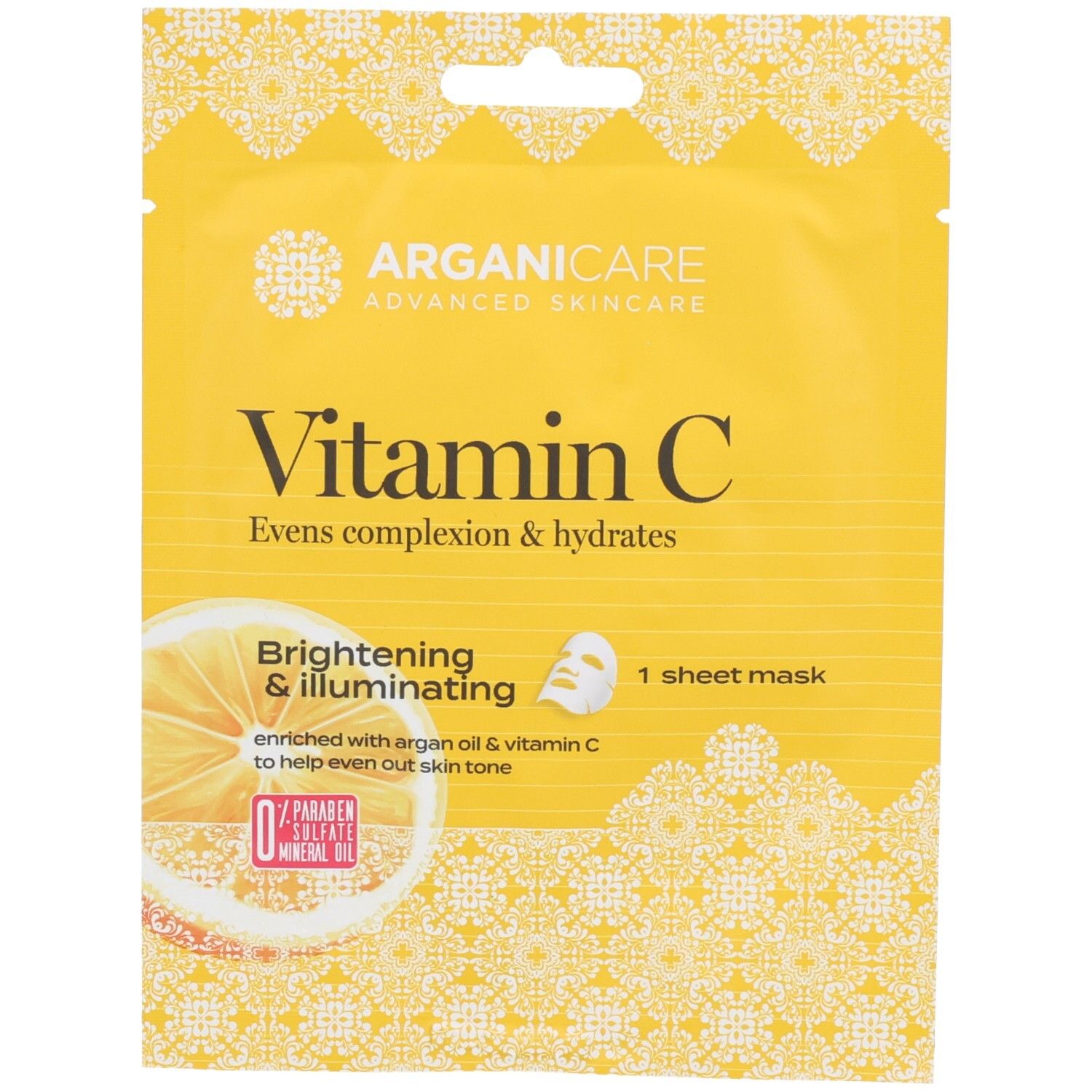 Masque tissu Arganicare Vitamine C : emballage jaune avec tranche de citron et informations produit.