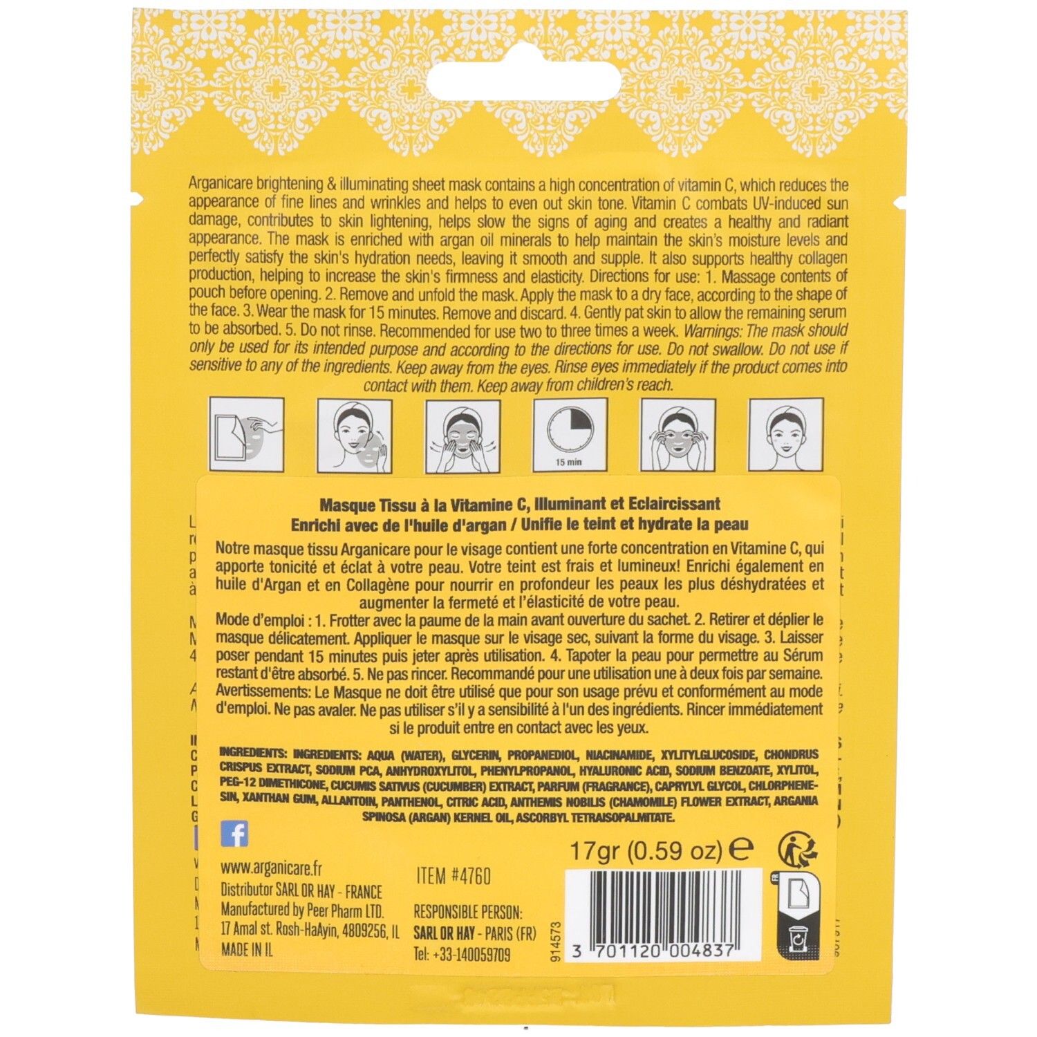Arrière de l'emballage du masque tissu Arganicare Vitamine C avec instructions d'utilisation et ingrédients.