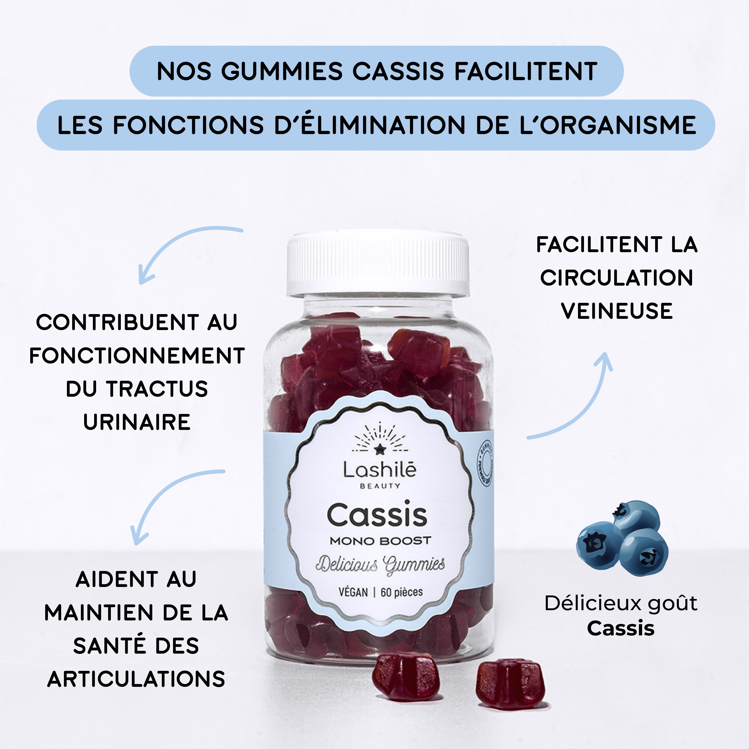 Lashilé Beauty - Compléments Alimentaires - Cassis - Contribue au fonctionnement du tractus urinaire  - Cure 1 mois - 60 Gummies - Fabrication Française