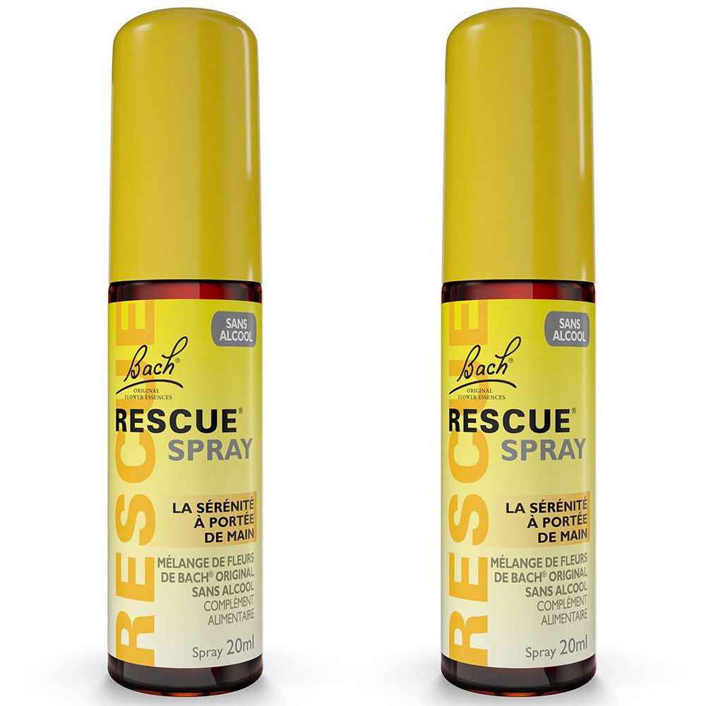 Deux flacons spray jaunes avec étiquette "Bach Rescue Spray". Logo "Sans Alcool". 20ml.
